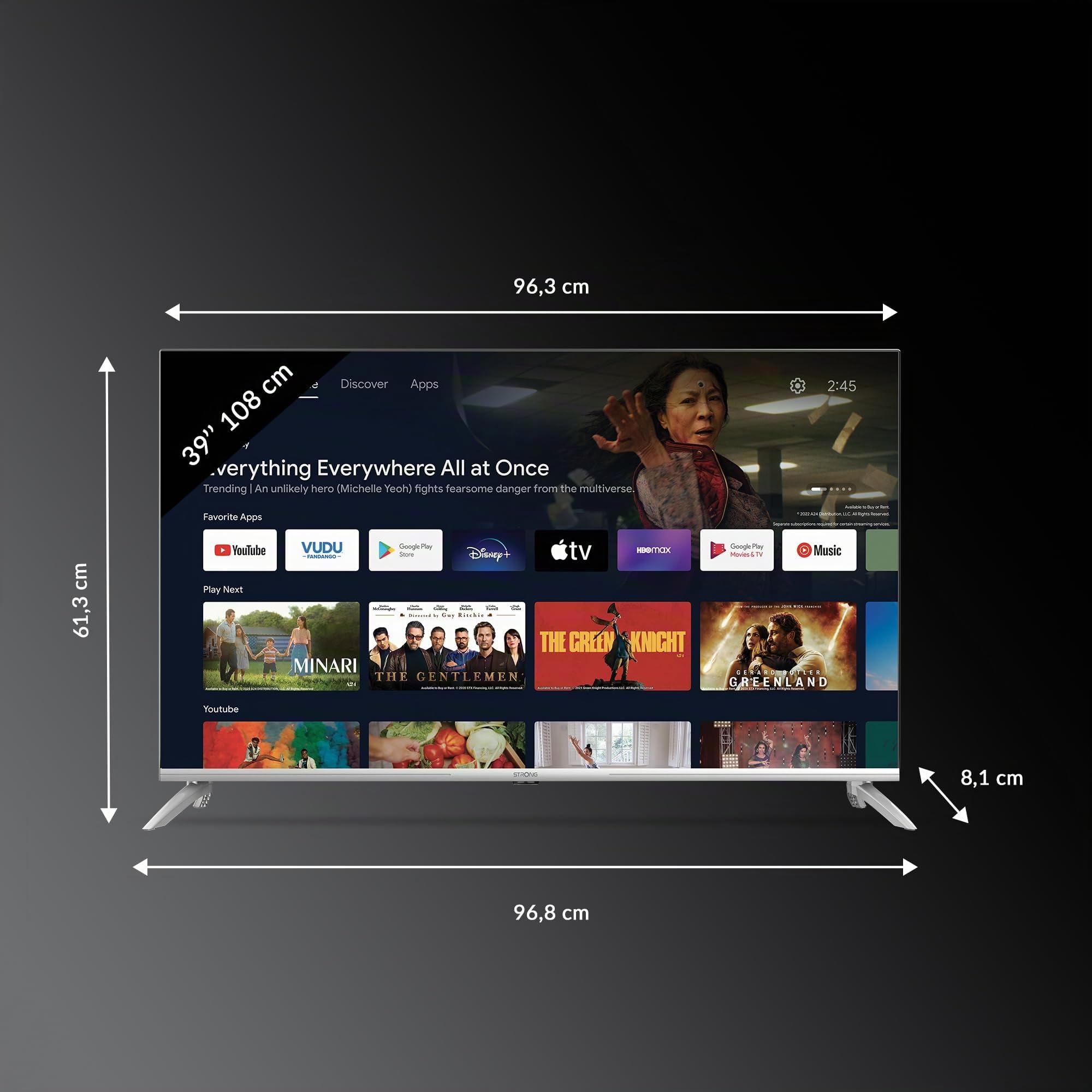 Strong - Smart tv 4K UHD SRT43UD6593 - 43 Pouces (108 cm) Connectée sous Android TV - Applis de Streaming - Partage de Fichiers/Écrans - WiFi & Bluetooth - Google Assistant - Noire