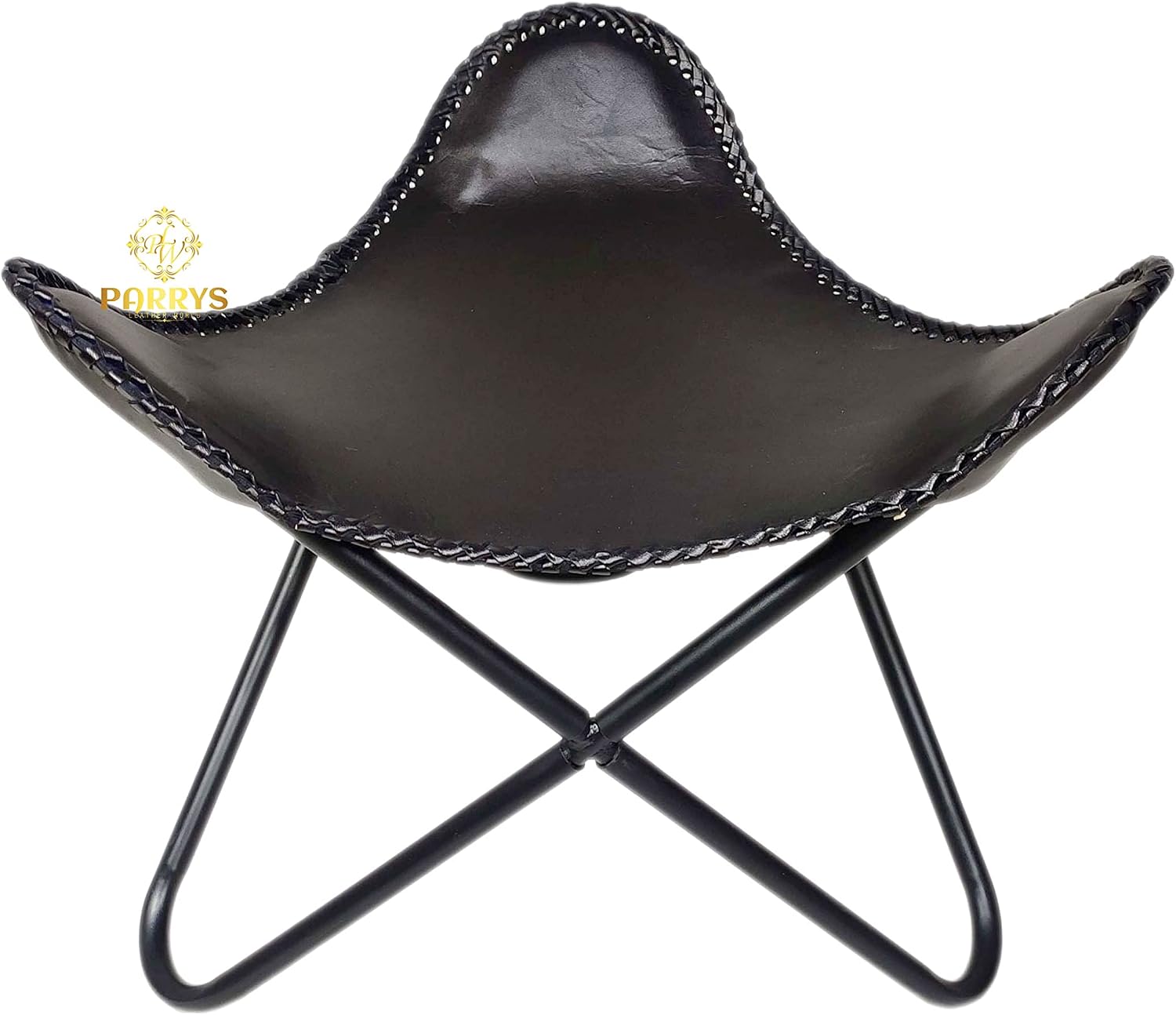 Handmade Black Leather Butterfly Chair with Ottoman Stool - Foldable Iron Leg Leather Chair Stool for Home and Office