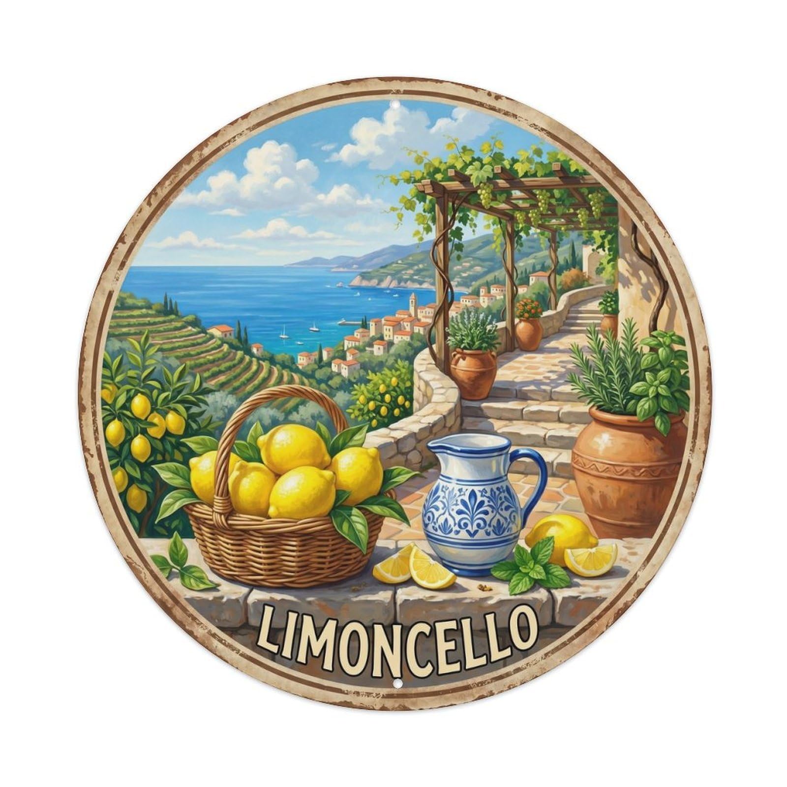 Classic Limoncello Scene Vintage Metal Tin Sign Plaque Wall Decor for Cafe, Club, Garden Round Metal Poster 8x8Inch