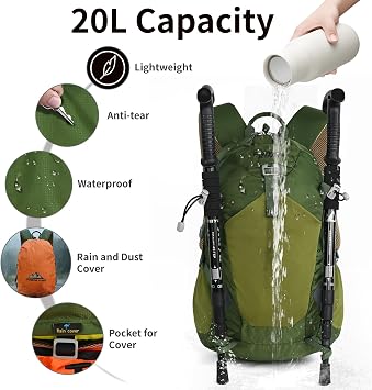 Lightweight Hiking Backpack, 20L Women/Men Waterproof Travel Rucksack Bag with Rain Cover, Outdoor Small Foldable Daypack for Student, Fit for 12.9 inch Laptop, Green