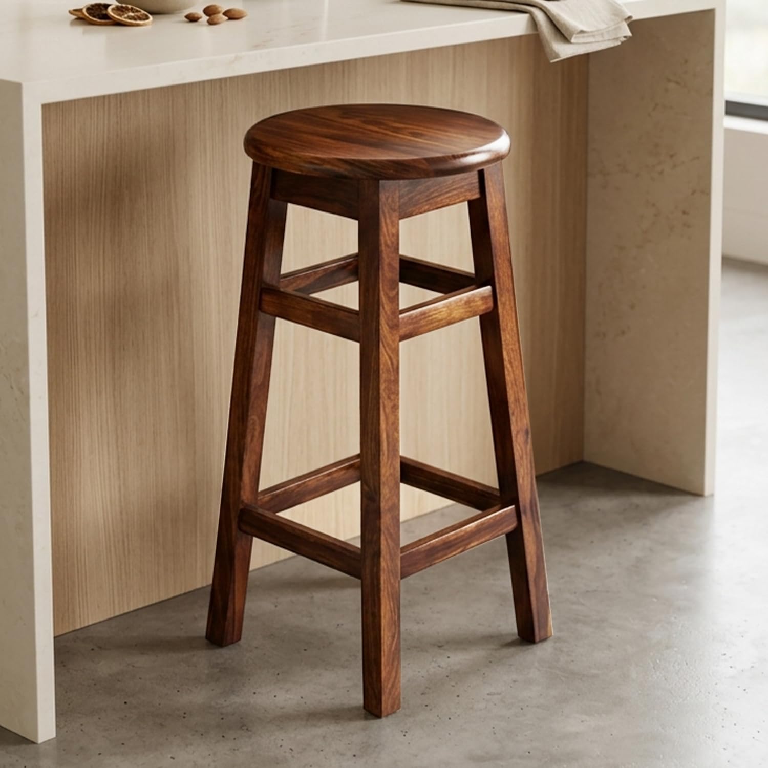 Solid Sheesham Wood Bar Stool with Footrest Support | Wooden High Bar Chair for Kitchen Counter Dining Home Cafe | Tall Stool for Seating and Home Decor (Rustic Finish)-image-24