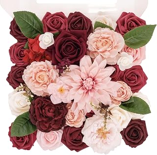 TINGE TIME Artificial Flowers Burgundy & Pink Flower Combo for DIY Wedding Bouquets Table Centerpieces Arrangements Party Baby Shower Home Decorations