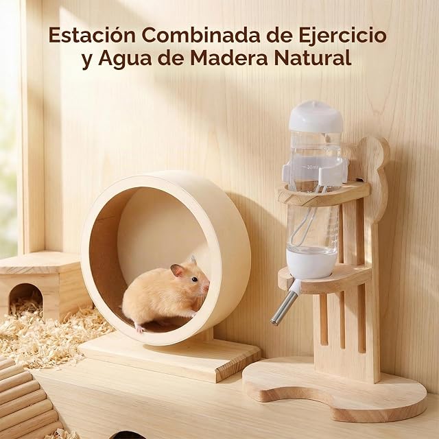 Foto 5 de 7 de Juego de 2 botellas de madera para hámster con soporte, 20 cm, rueda de hámster de madera