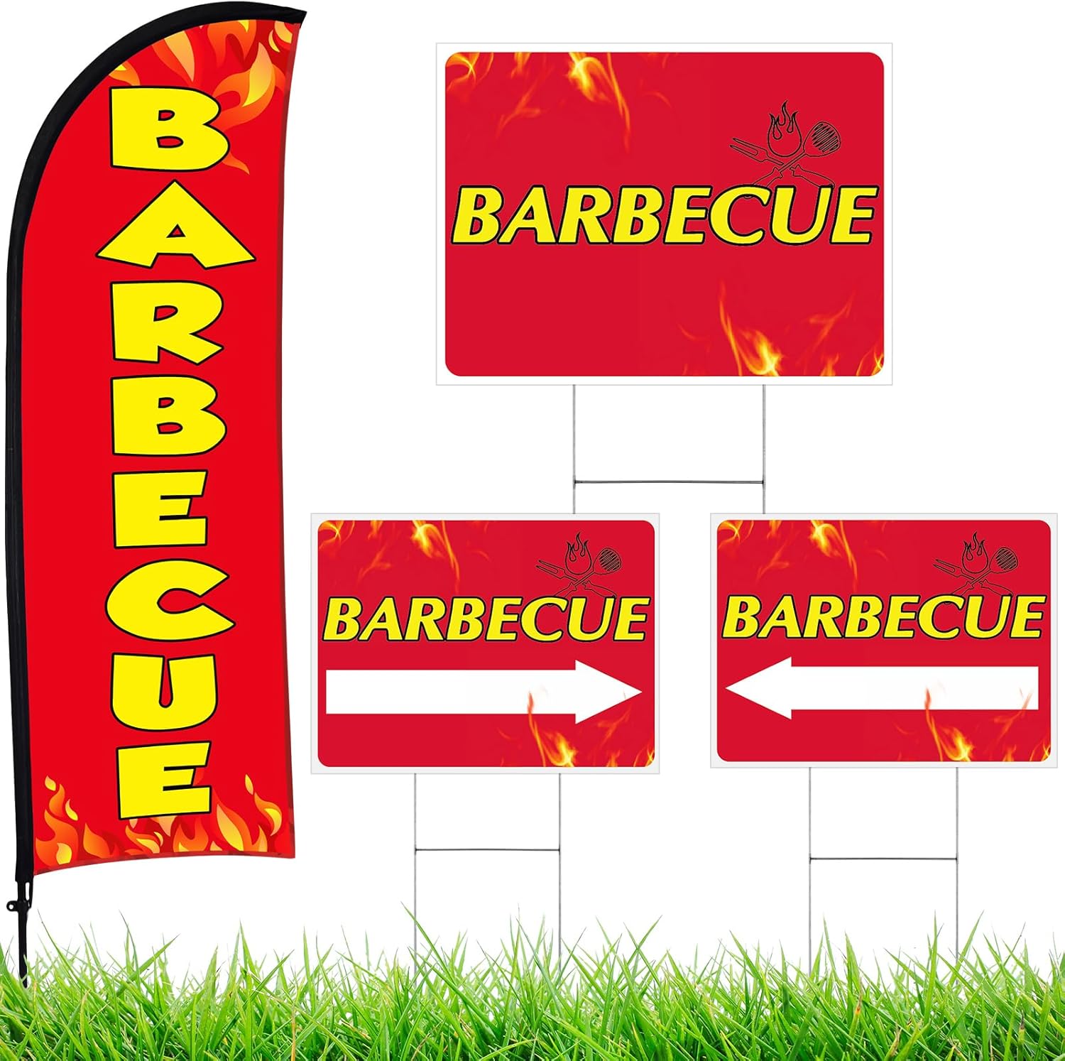 Buryeah BBQ Sign Banner Set Including 1 Pack 7 ft Barbecue Feather Flag Pole Kit 3 Pack Double Sided Directional Arrow Barbecue Yard Signs with Metal Stake for Business Advertising Outdoor(Red)