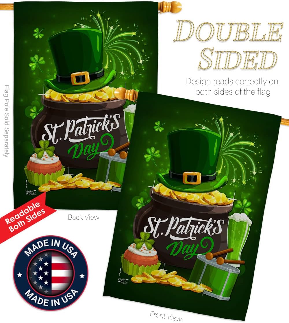 Patty Day Spring St Patrick Shamrock Leprechaun Lucky Coin Holiday March Irish Clover Decoration Banner Small Garden Yard Gift Double-Sided, House Flag 28" x 40", Thick Fabric