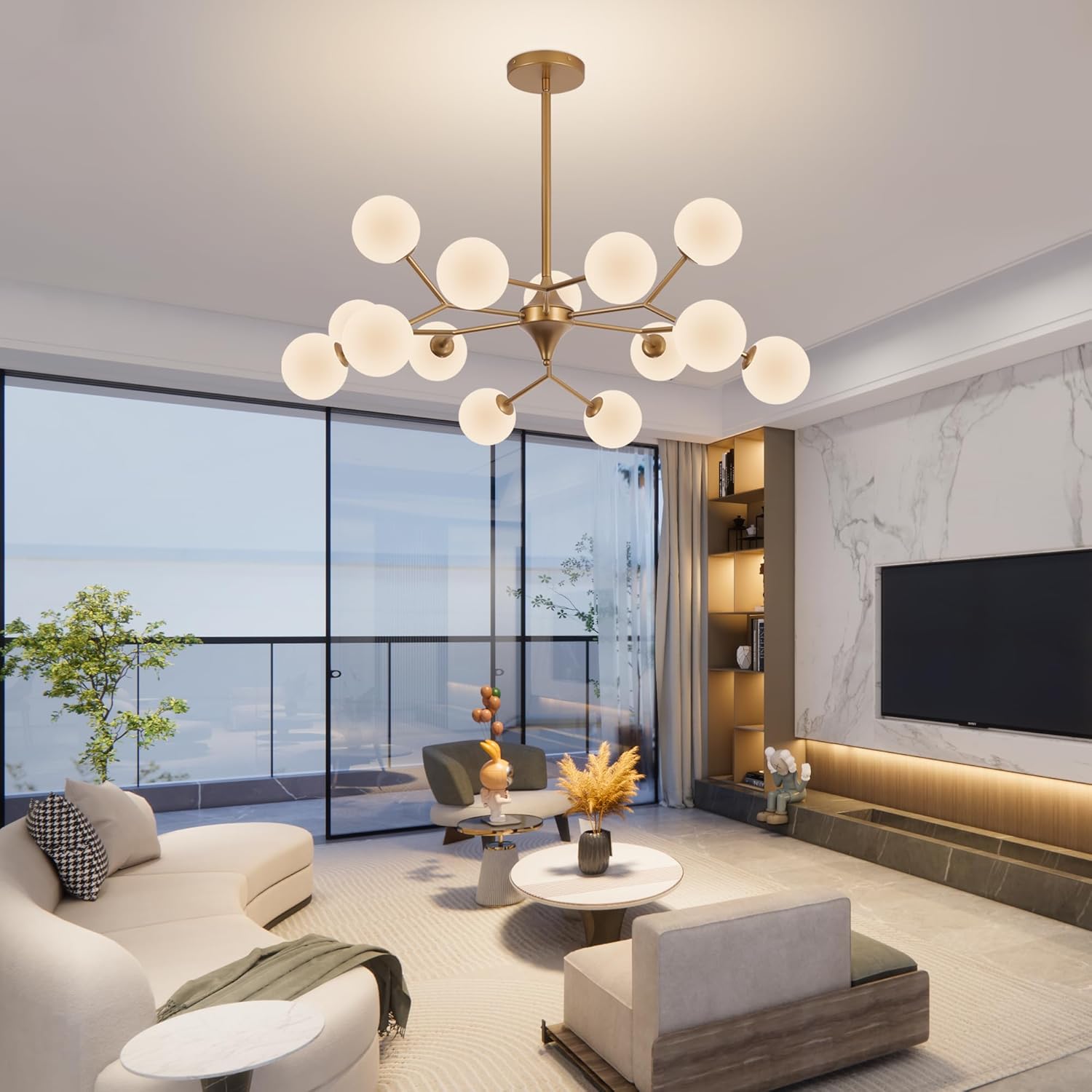 COCOSTAR Reddish Sand Gold Dining Room Chandelier, 15 Lights Mid Century Modern Sputnik Chandelier for Kitchen Island Living Room Bedroom, Ceiling Light Fixture Over Table, G9 Base