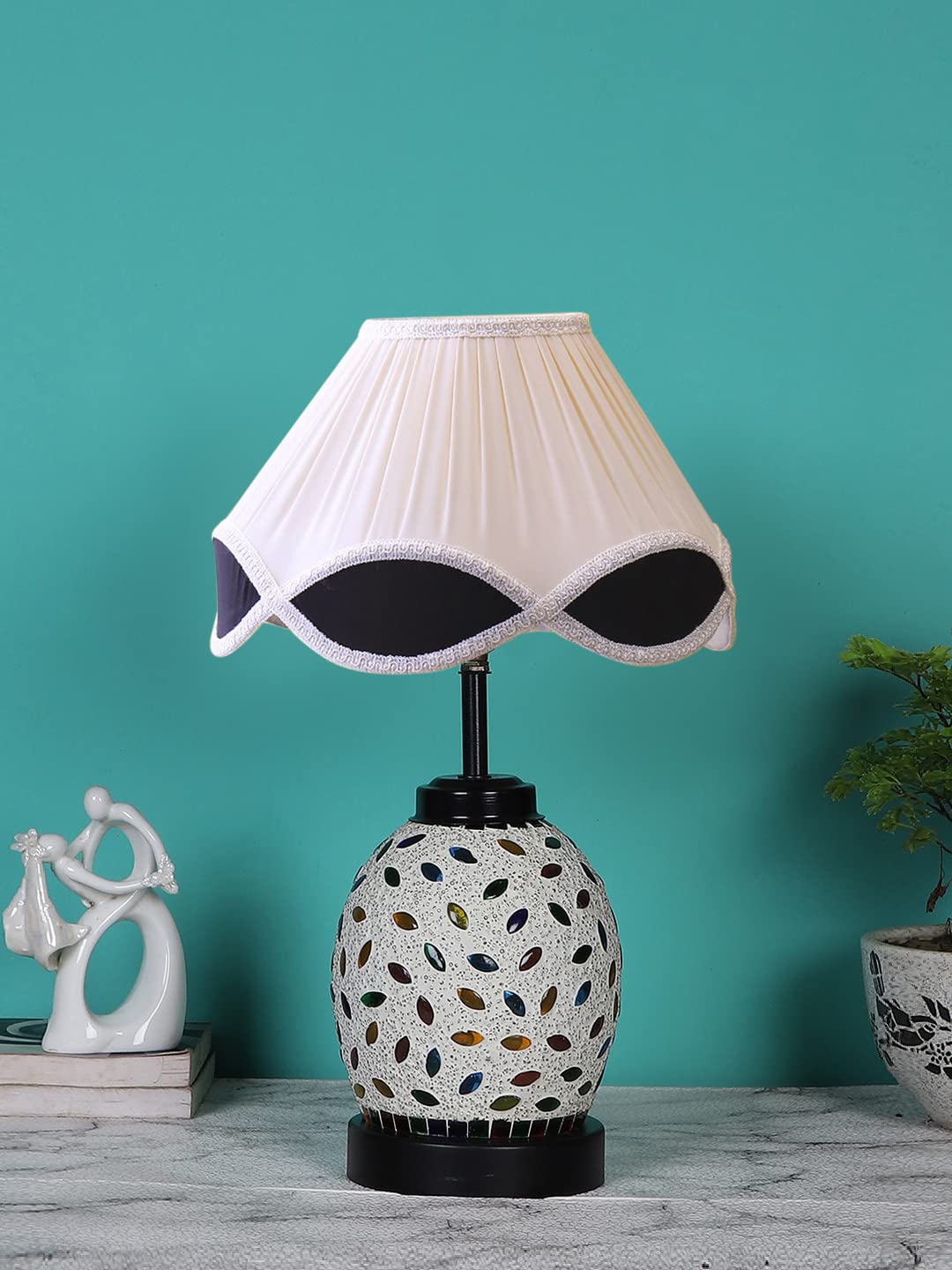 Devansh Off-White Vintage Cotton Table lamp with Glass & Wood Black Base (12x15.25 inches)-64-image-2