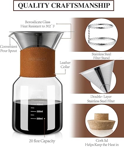 Miniatura 5 de Cafetera vertida con filtro de acero inoxidable de doble capa, gotero de café de 20 onzas, jarra de vidrio con cuello de cuero vintage, tapa de
