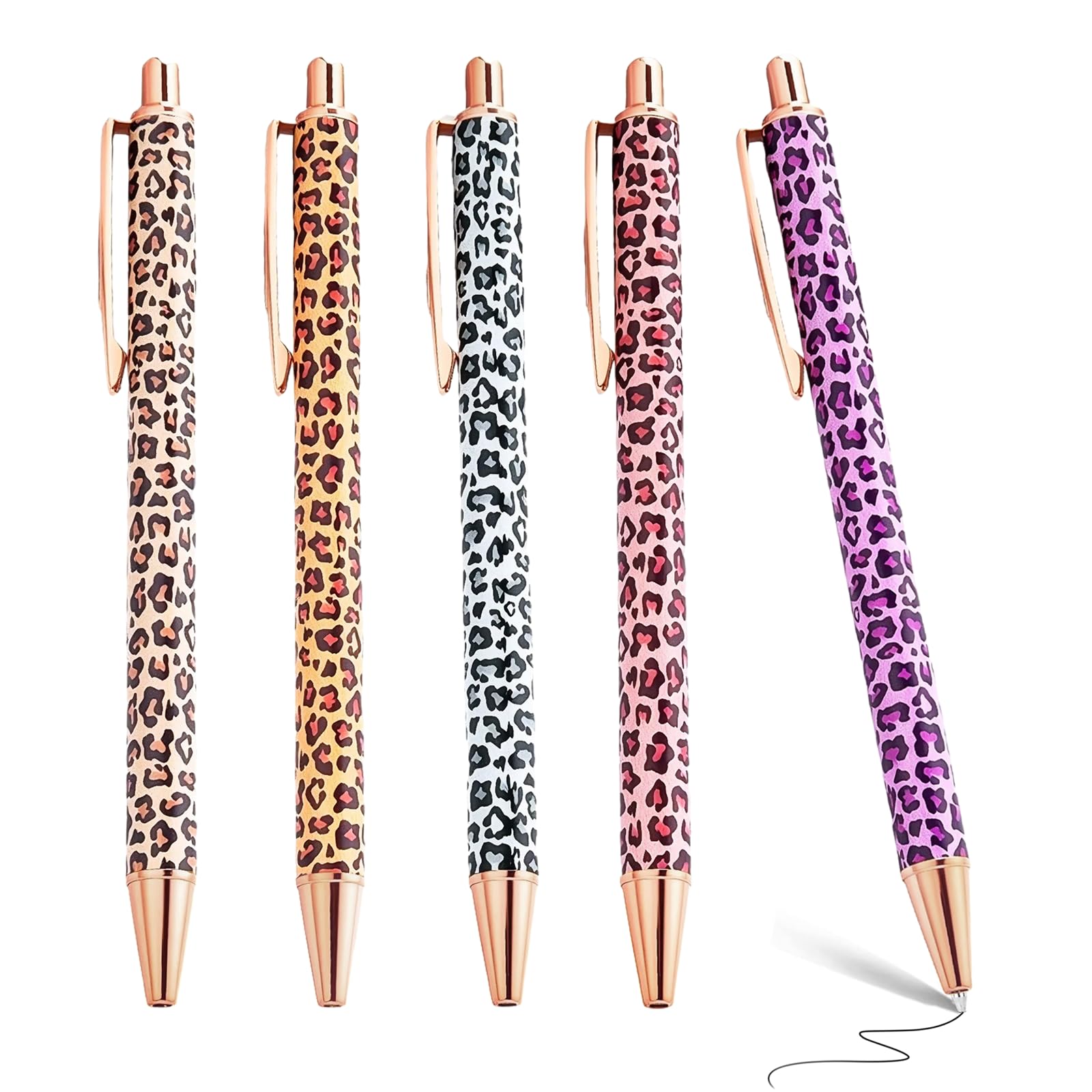 Rnigra Sparkly Pens Set โ 5PCS Pretty Pens for Women & Girls, Pretty Retractable Black-Ink Biros, Leopard Print, 1 mm Ballpoint Style for Students, Adults, School, Office, Home & Creative Use