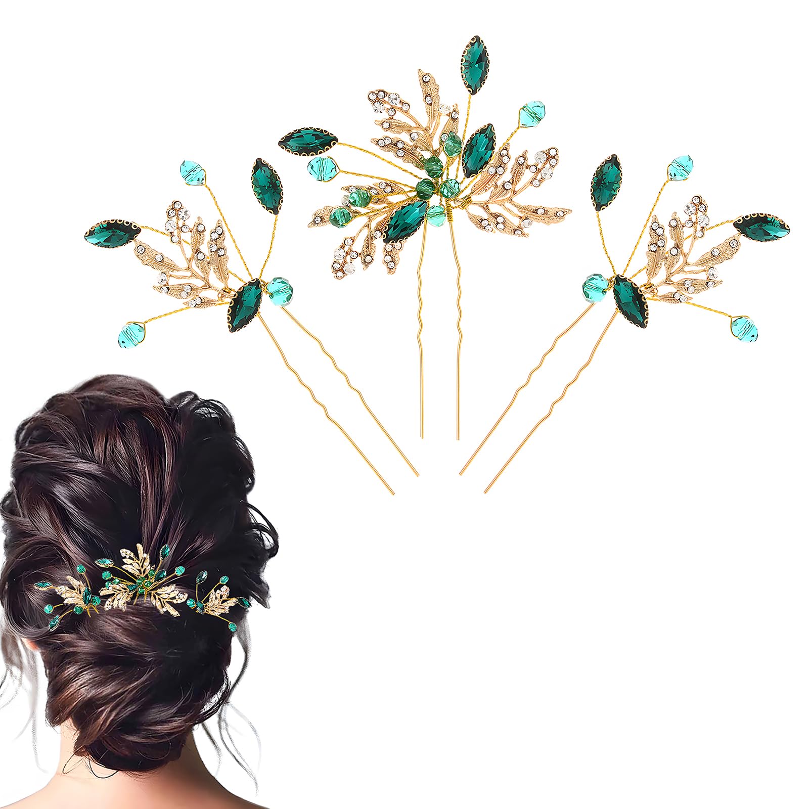Flayem Horquillas para el pelo de novia con hojas de cristal verde, accesorios brillantes para el cabello para damas de honor y niñas
