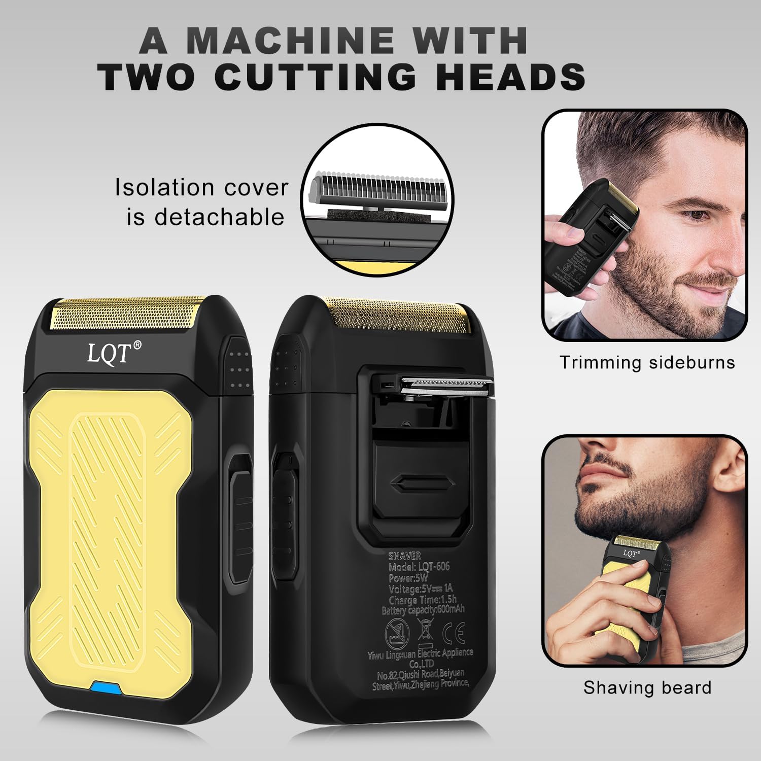 LQT shaver details showing detachable cover and usage for sideburns and beard