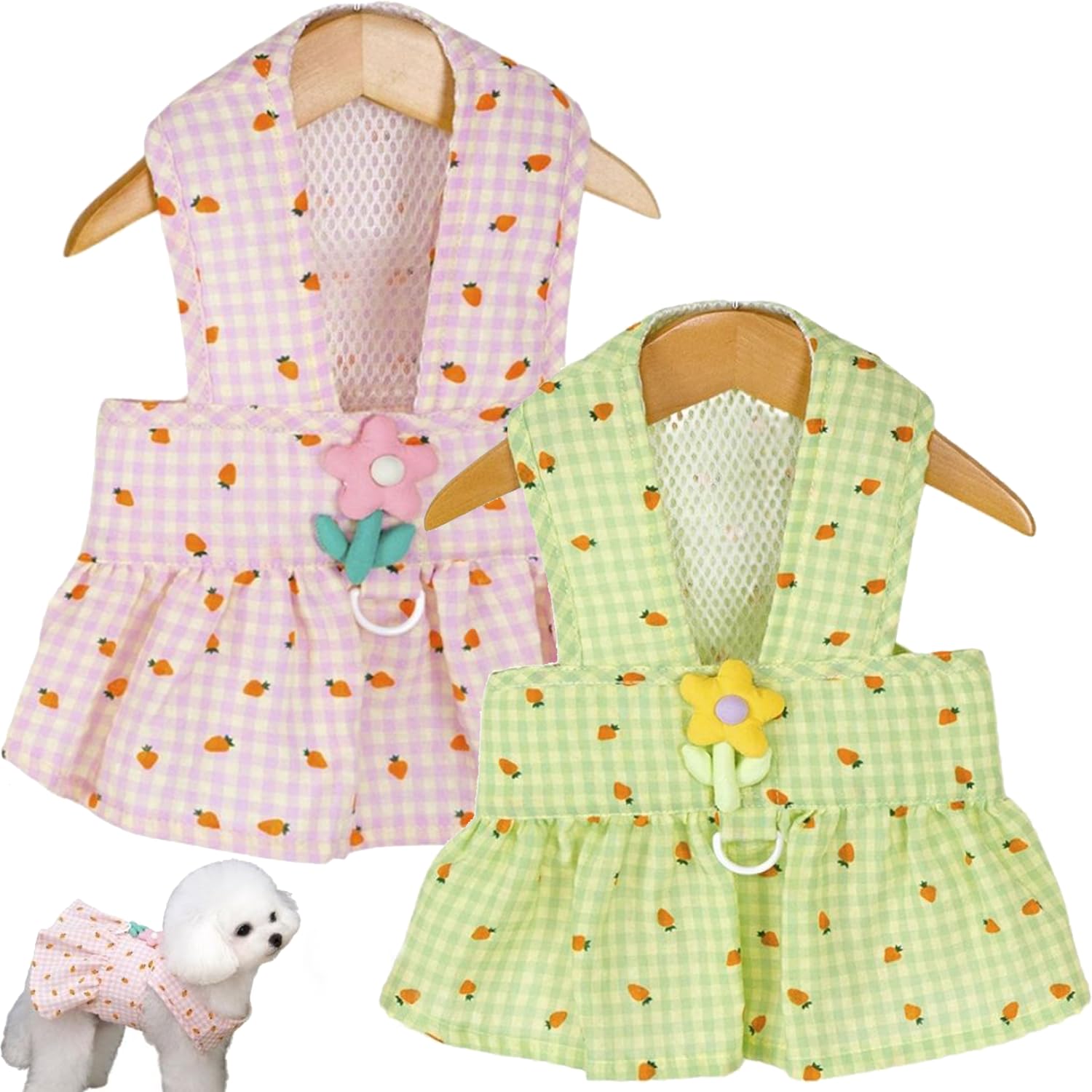 2PCS Strawberry Print Dog Dress with Flower Decoration, Adjustable Velcro Waist Plaid Cat Dresses, Pet Dress for Small Dogs, Puppies, Chihuahuas,