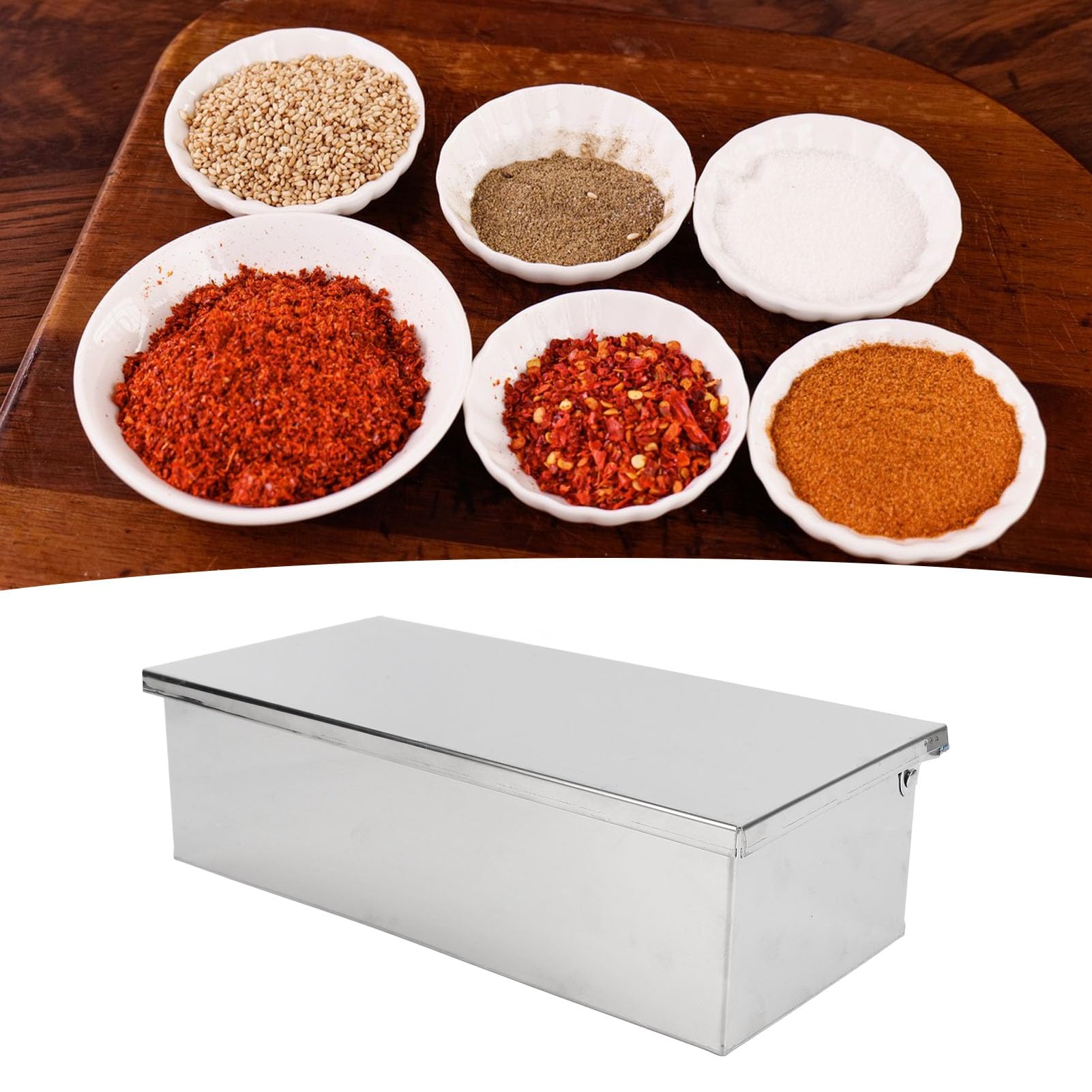 Caja de Condimentos de Acero Inoxidable con Tapa, 4 Compartimentos Rectangulares con Diseño de Tapa Volteable Caja Organizadora Portátil de Gran Capacidad para Condimentos