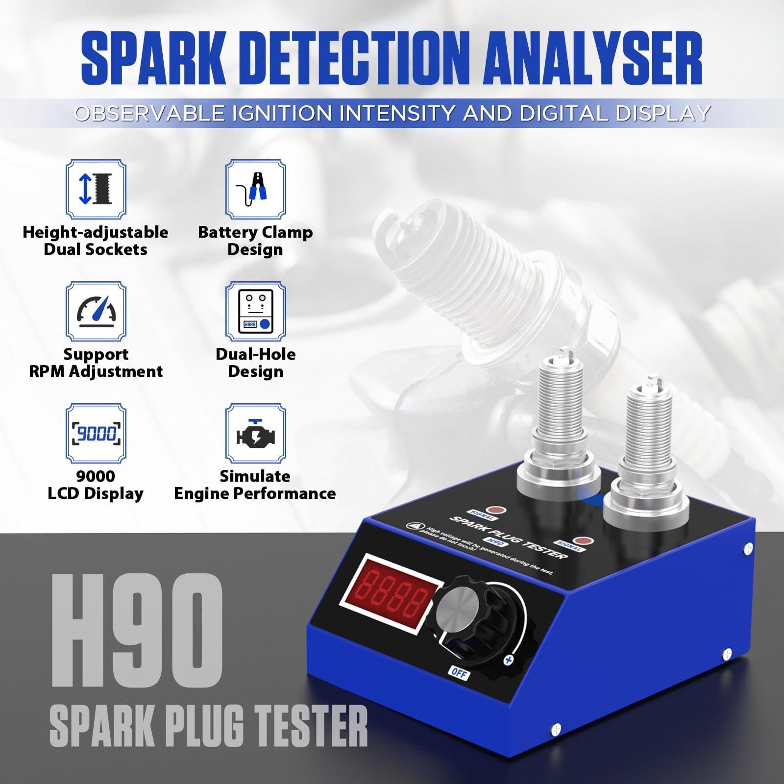 Tester per candele H90, con display LCD, tester di accensione per auto, con doppio foro, scanner diagnostico per veicoli a benzina da 12 V