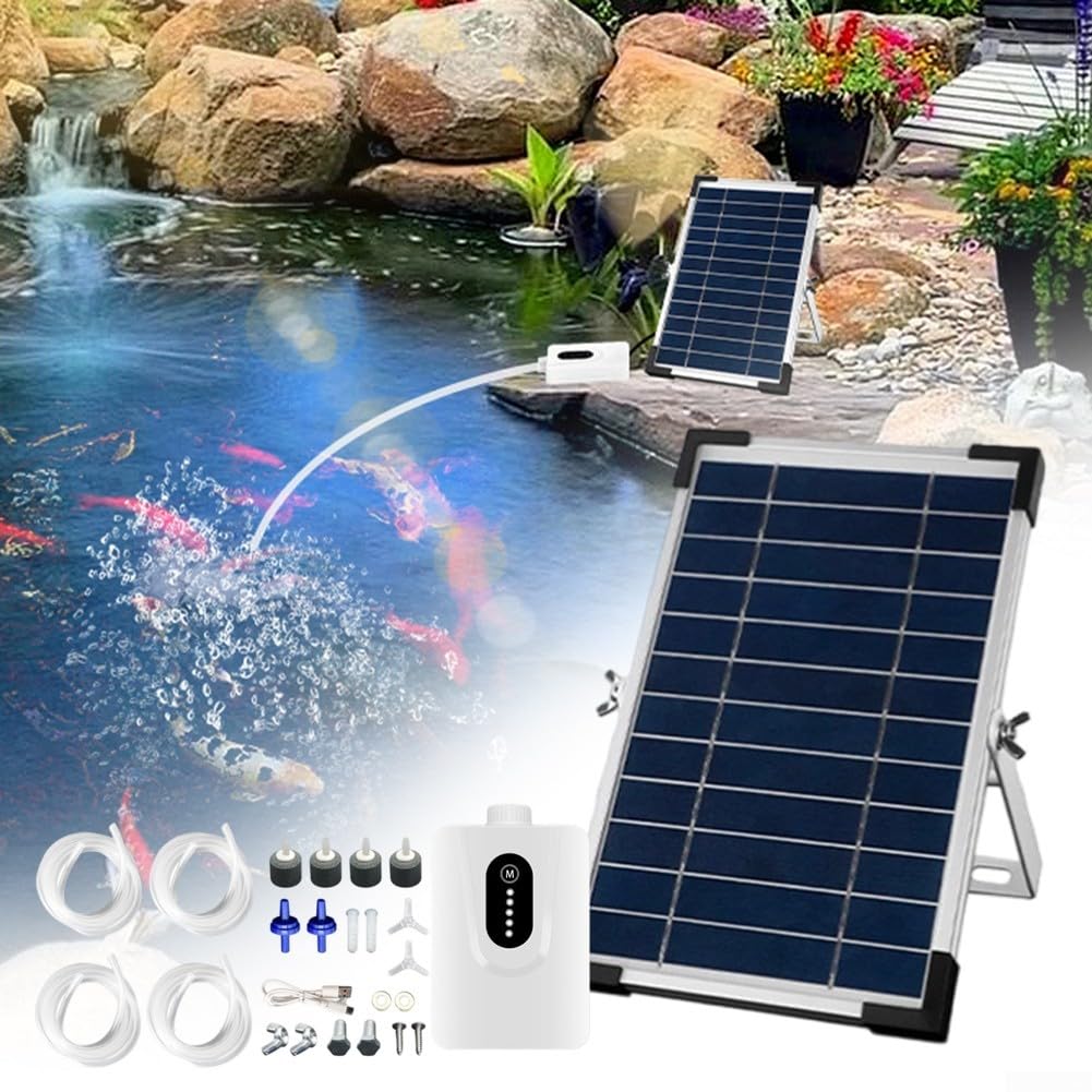 Solar Teichbelüfter, 6W 6V Solar Luftpumpe mit 6000mAh für Batterie, USB Aufladung, Leise Sauerstoff für Fischteich Aquarium, für Outdoor Angeln