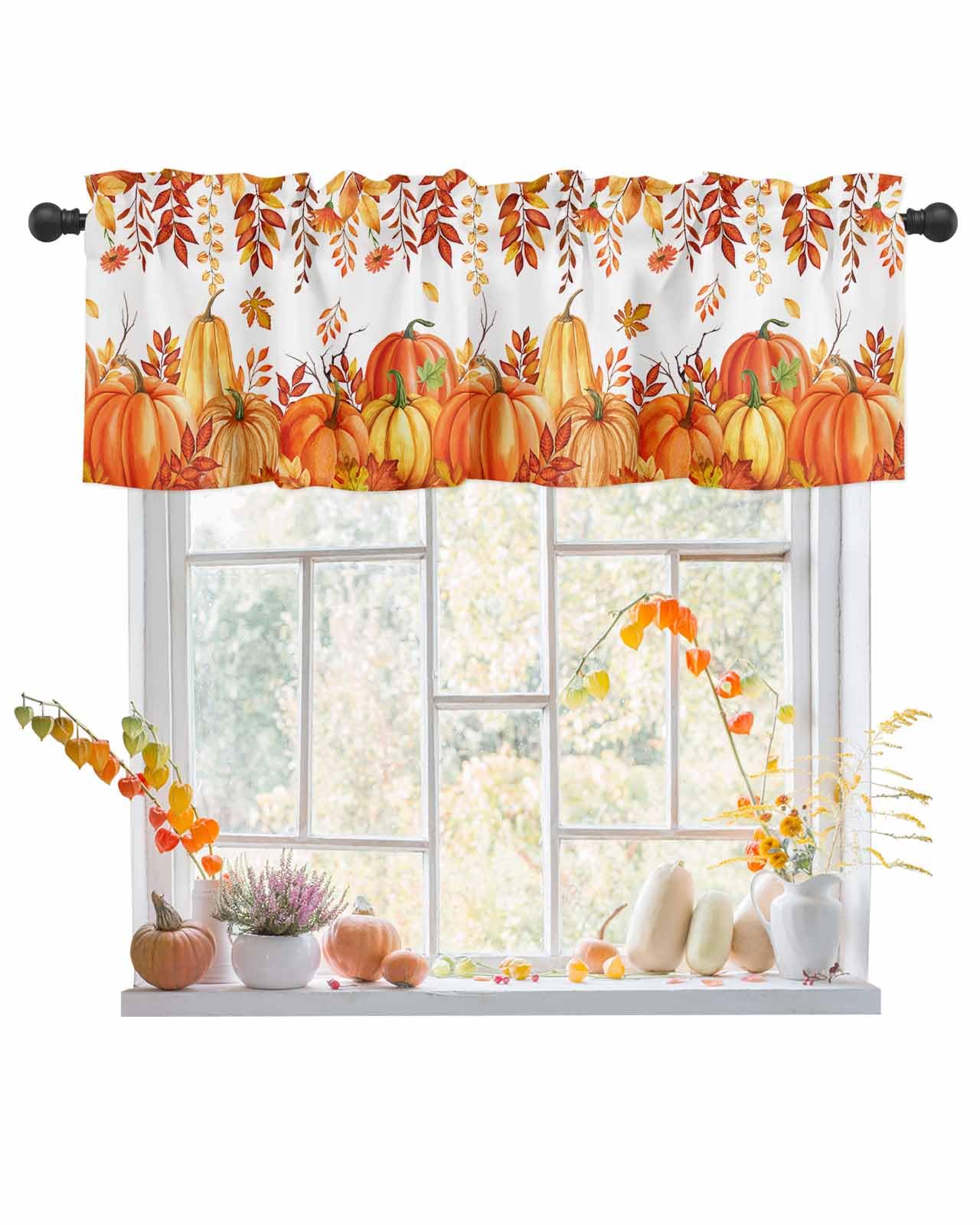BEMIGO Fall Valances for Windows Thanksgiving Kitchen Valance Curtains Orange Pumpkin Maple Leaves Light Filtering Thermal Insulated Window Curtains for Living Room Bedroom Decor, 60x18in