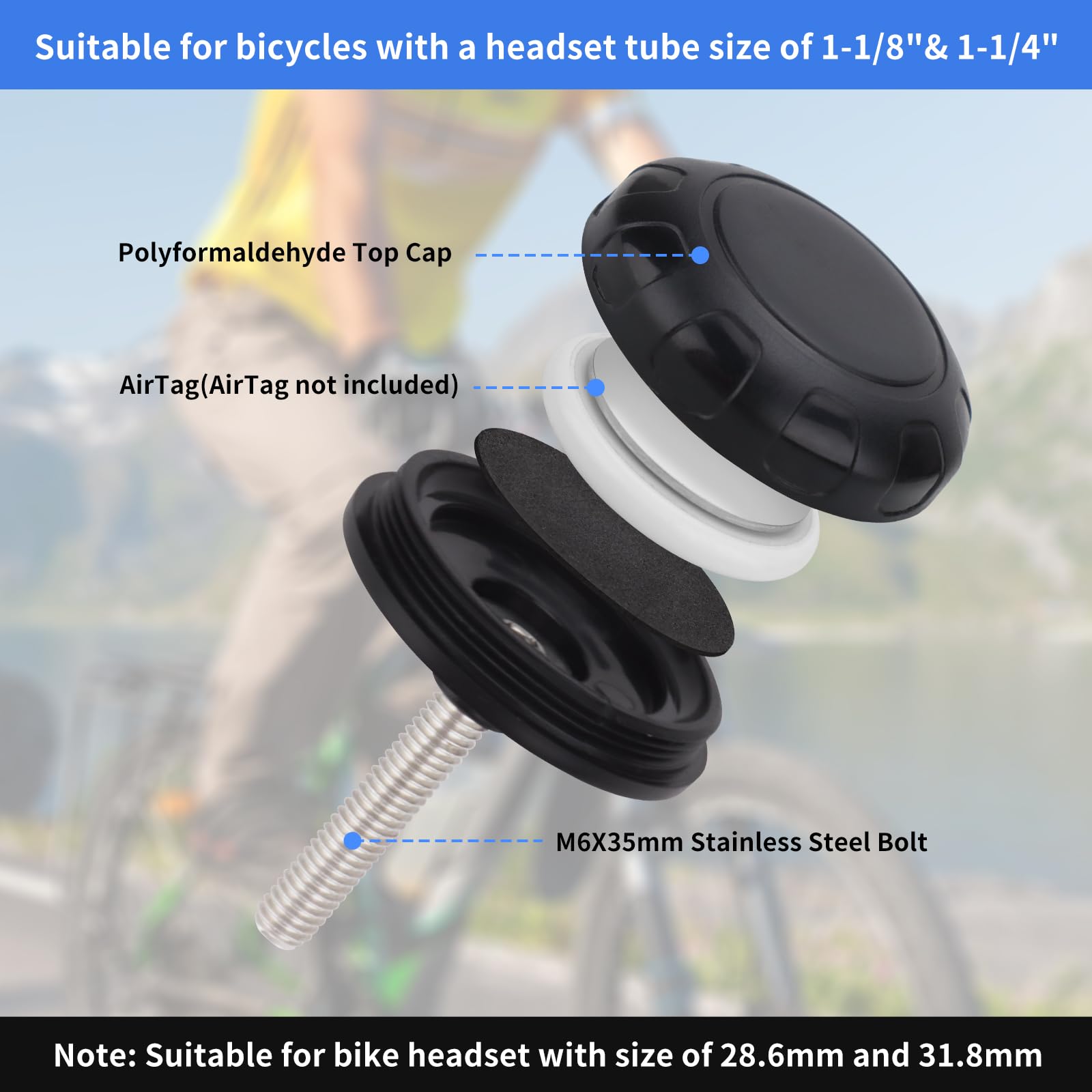 CQT AirTag Bike Mount - Hidden Bicycle Stem Cap Mount for Air Tag, Waterproof Anti Theft Bike GPS Tracker Airtag Holder Fit Headset Cap Size 1-1/8