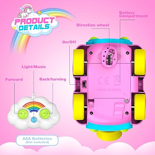 Miniatura 6 de Juguetes de unicornio RC Cars para niñas, auto recargable a control remoto para niñas de 2, 3, 4, 5 años, luz LED y música, regalos de cumpleaños
