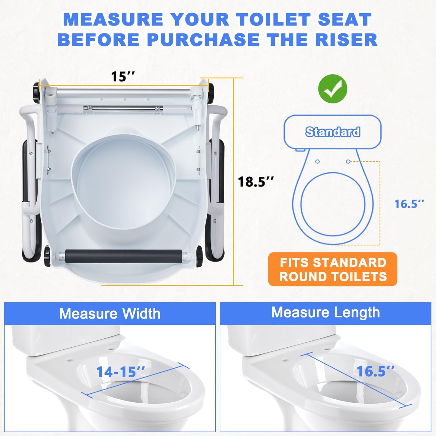 Raised Toilet Seat with Handles - Adjustable Height - Add 5 inches - Toilet Seat Risers for Seniors - Supports 300lbs - for Standard/Round Toilet, Includes Lid, Elevated Toilet Seat, White