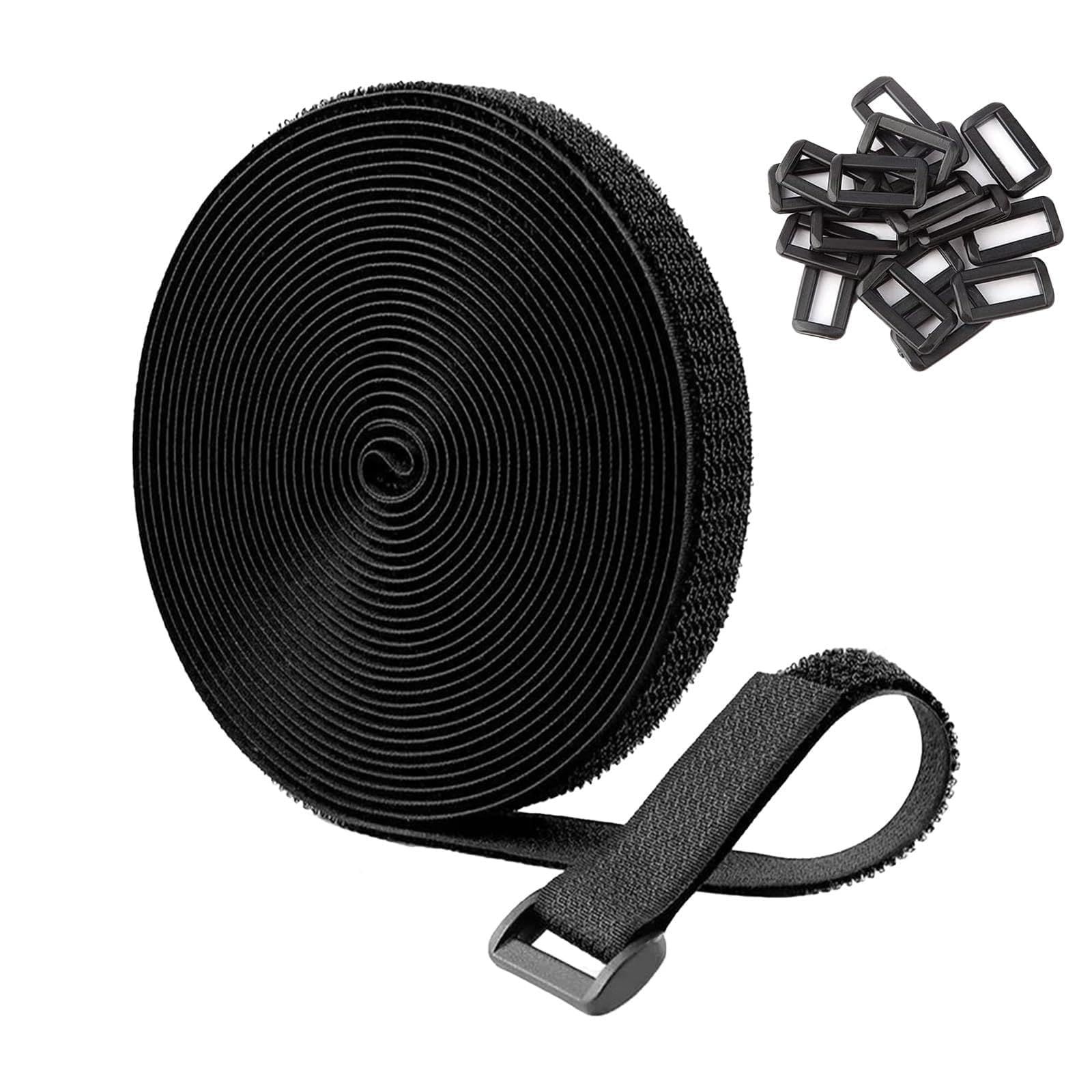 5m Adjustable Cable Straps with 25 Buckles, Black Cable Ties, Free Cut Length, Reusable Fastening Ties, Hook and Loop Securing Straps for Tidy, Wire Management, and Cord Organisation (2cm Wide)