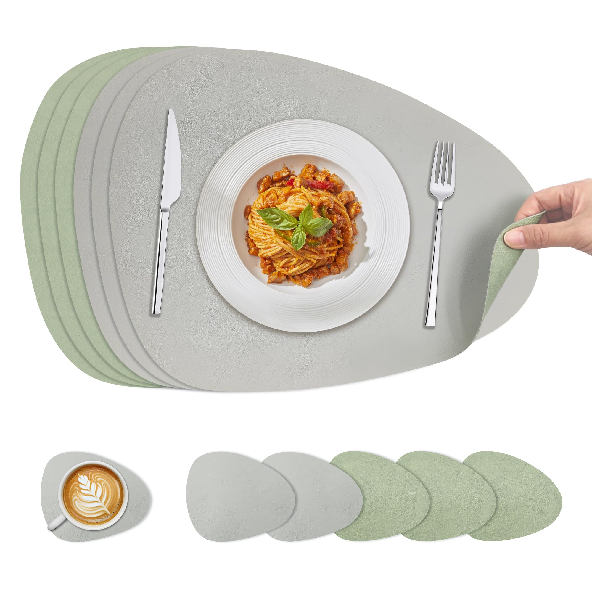 Set de Table Lavable KitchenBoss - 6 Sets Antidérapants en Plastique Vert et Gris