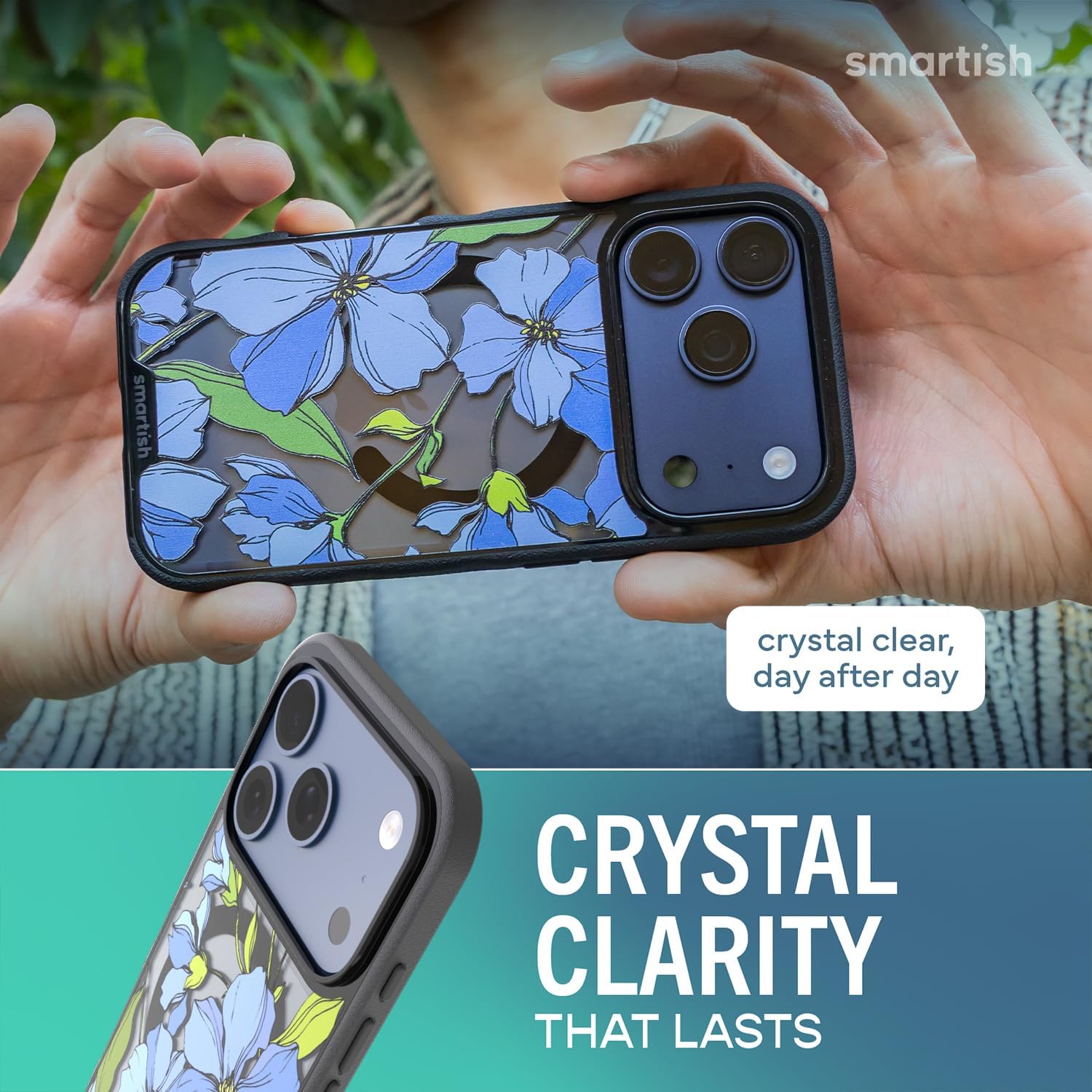 Smartish® iPhone 17 Pro MagSafe Clear Case - Gripmunk Magnetic Slim Case [Lightweight + Protective] Anti-Yellowing Thin Grip Clear Cover for Apple iPhone 17 Pro - Blue Blossoms