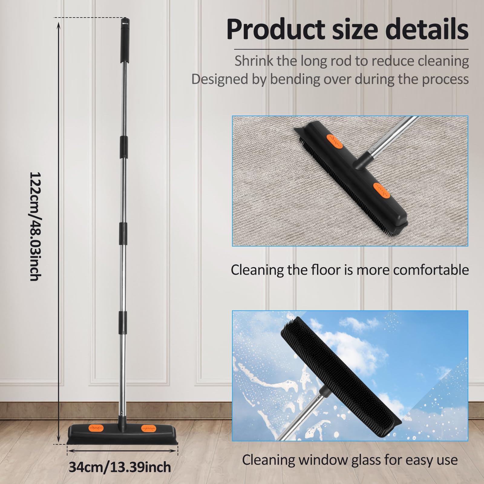 Rubber Carpet Brush with Telescopic 48 in Long Handle, Rubber Broom with Squeegee, Versatile Rust Resistant Pet Hair Removal Broom for Rug Tile Hardwood Floor Cleaning