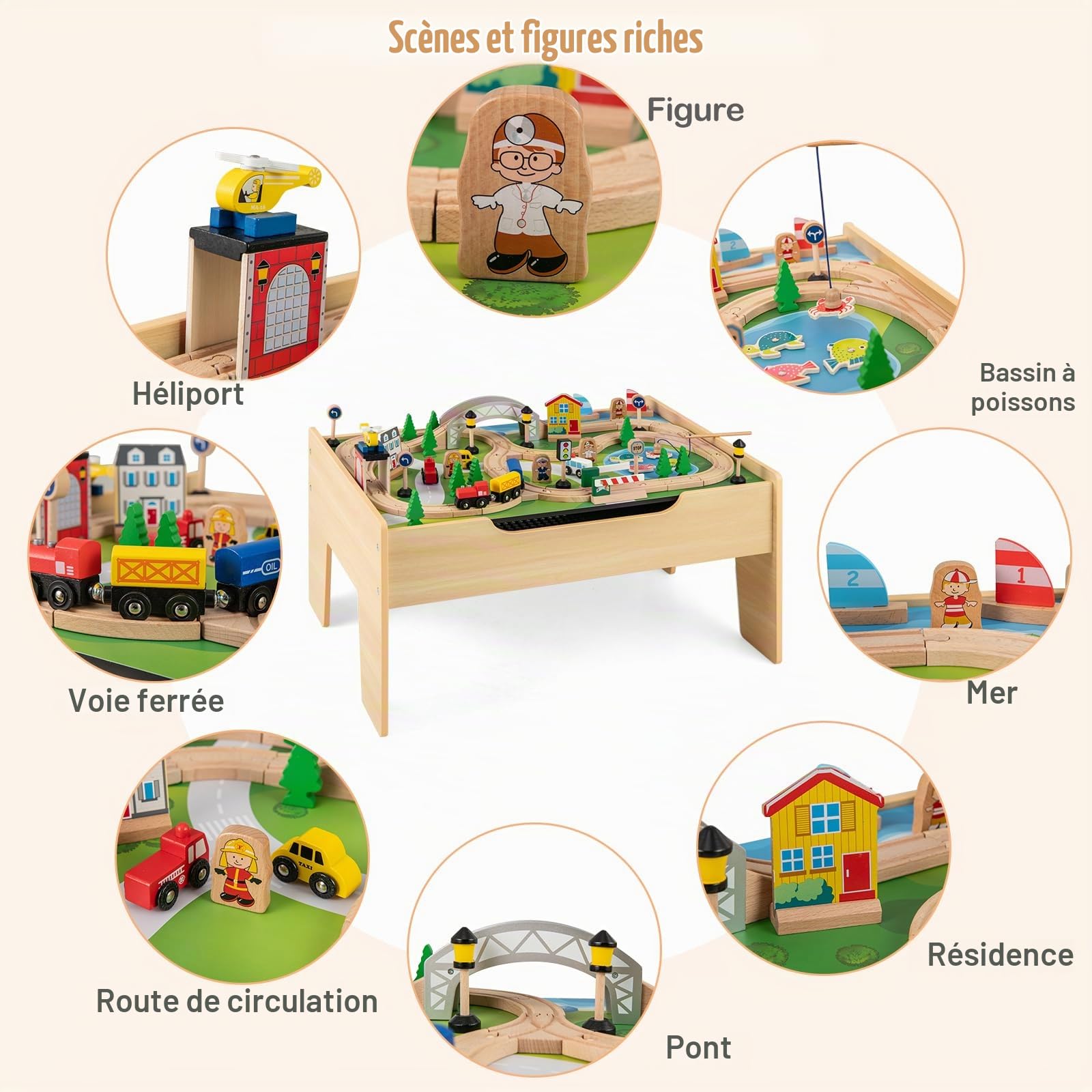 DREAMADE Table Circuit de Train en Bois, 78 Pièces avec Rails, Plateau Réversible & Amovible, Jouet Interactif Parent-Enfant, 3+ Ans