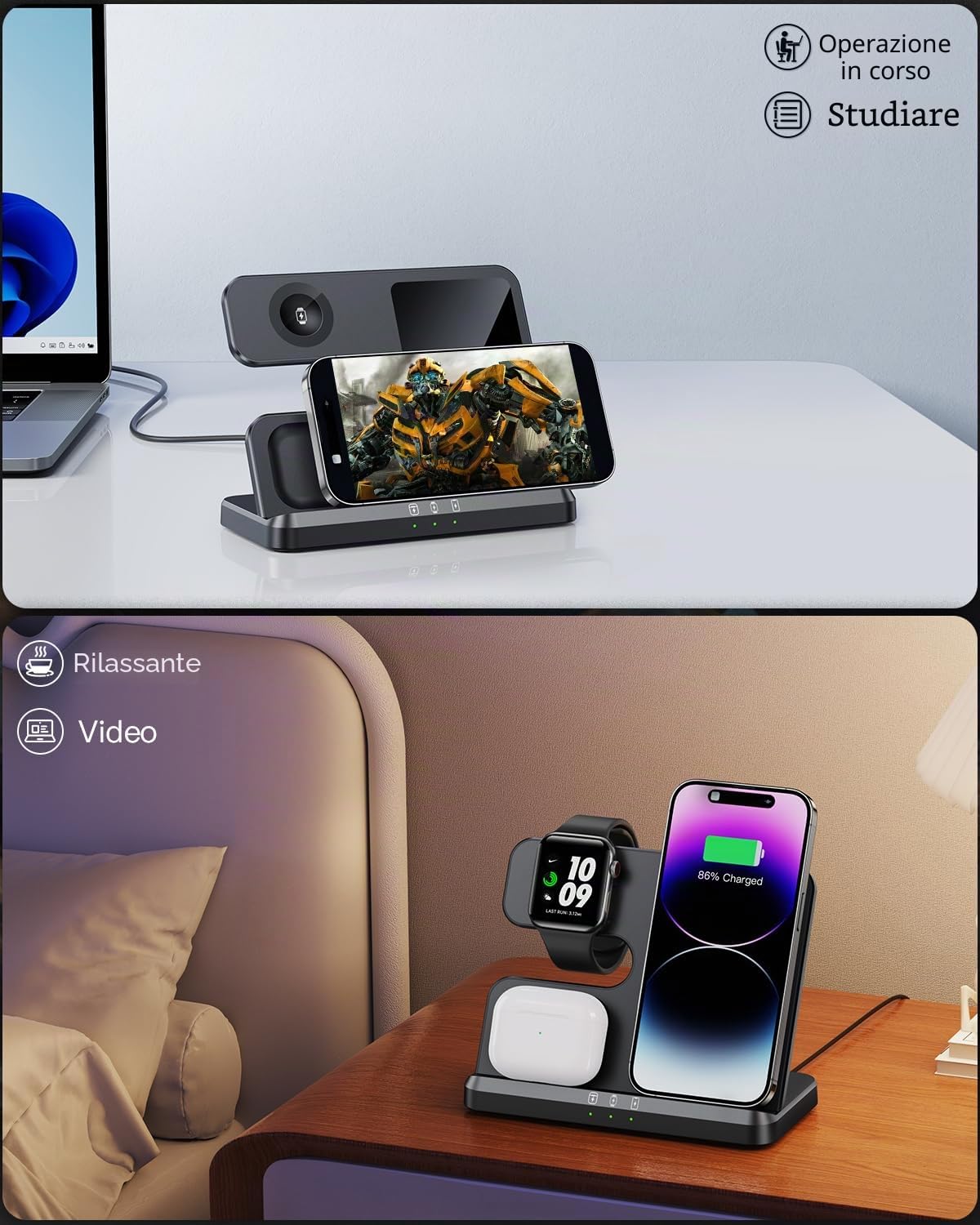 JARGOU Caricatore Wireless 3 in 1 Compatibile con iPhone 15 14 13 12 11 Pro Max/Mini/XR/8, Stazione di Ricarica Wireless per Apple Watch 9/Ultra 2/SE/8/7/6/5/4/3, Wireless Charger per AirPods Pro/3/2