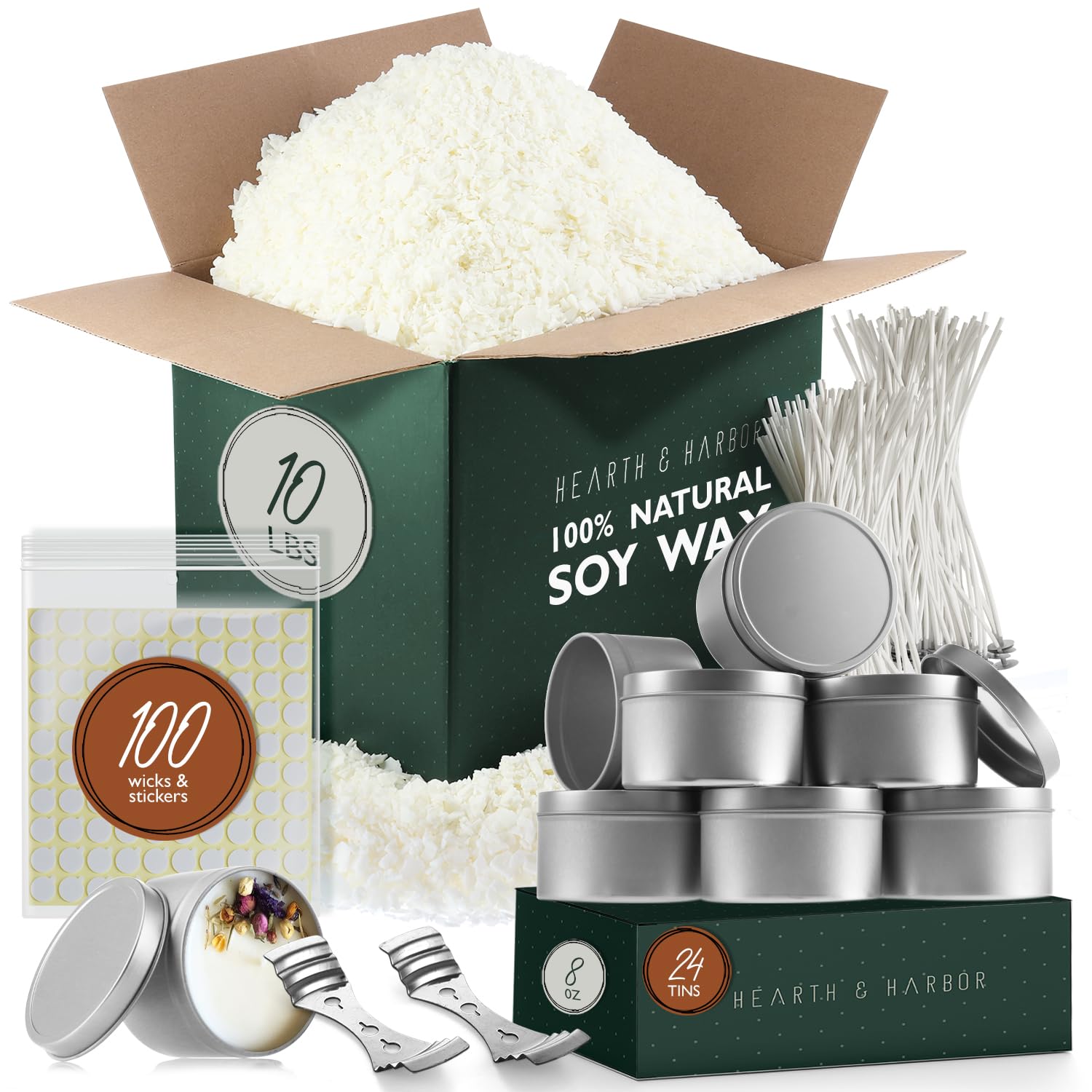 Hearth & Harbor Natural Soy Wax and DIY Candle Making Supplies - 10 Lbs. Soy Candle Wax Flakes, Candle Tin Cans with Lid 24 Pack - 8 oz., 100 Cotton Wicks, and 2 Metal Centering Device