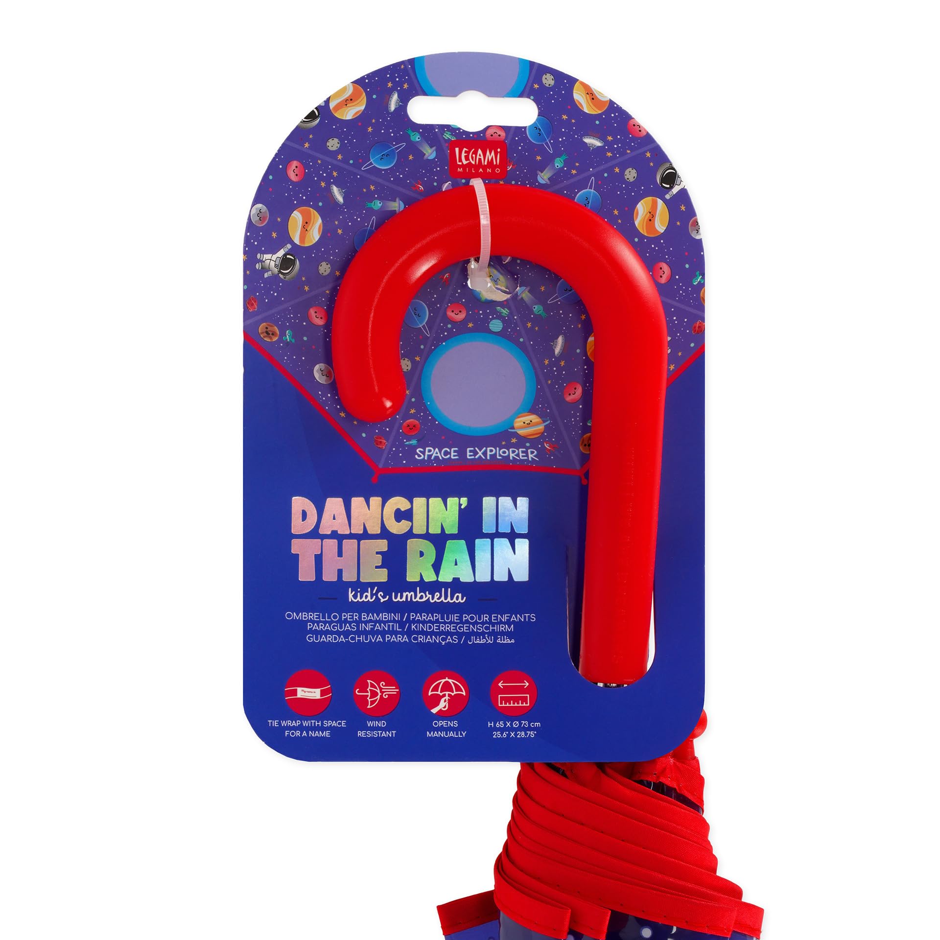 Legami - Parasol dziecięcy Dancin' In The Rain, motyw kosmiczny, wiatroszczelna konstrukcja, ręczne otwarcie, tkanina z miejscem na nazwisko, uchwyt hakowy, 73 x 65 cm, Niebieska, Small