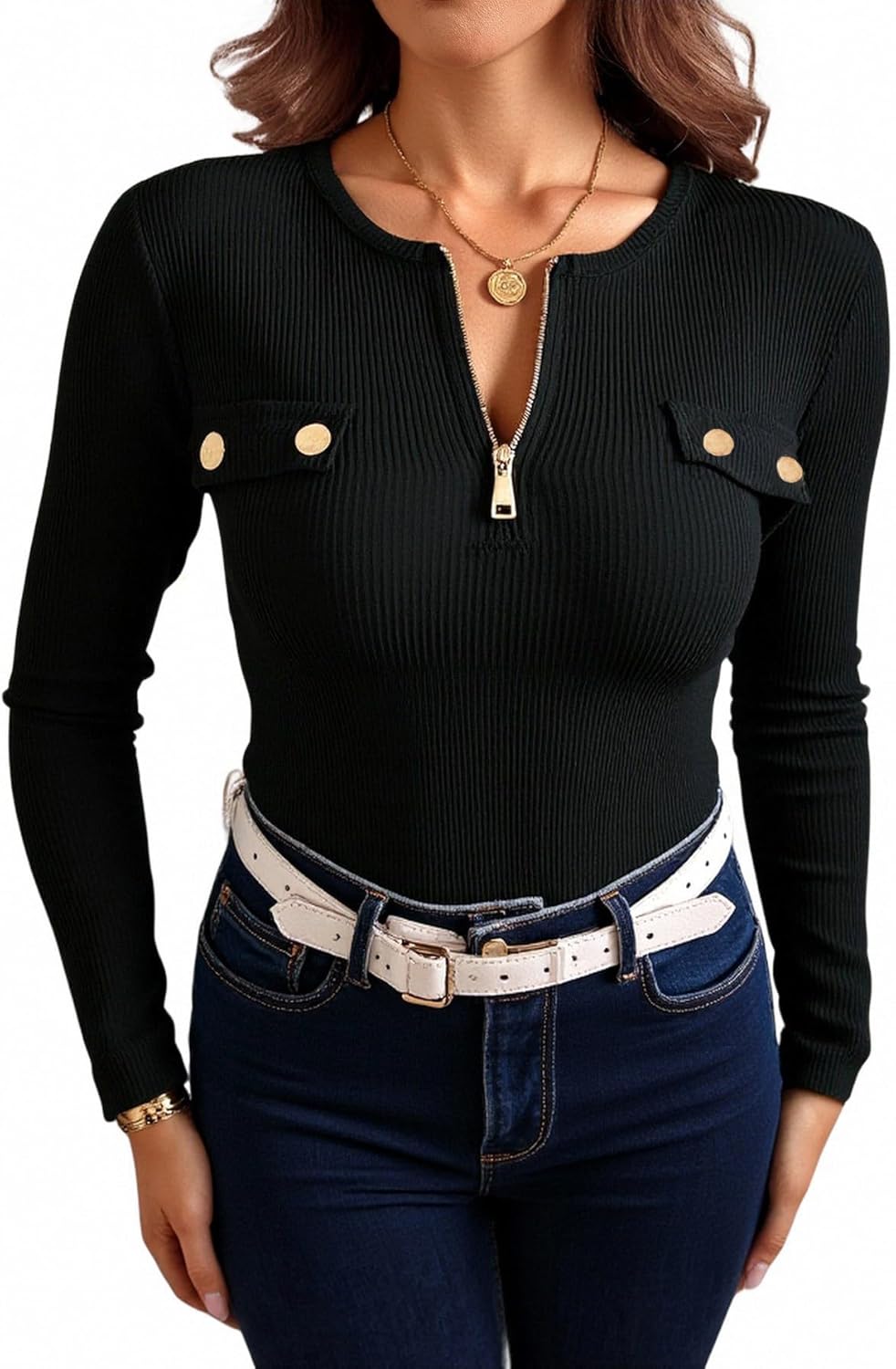 Women's Long Sleeve Fitted Tops Dressy Casual Zipper Front Ribbed Knit T Shirts Work Office Outfits