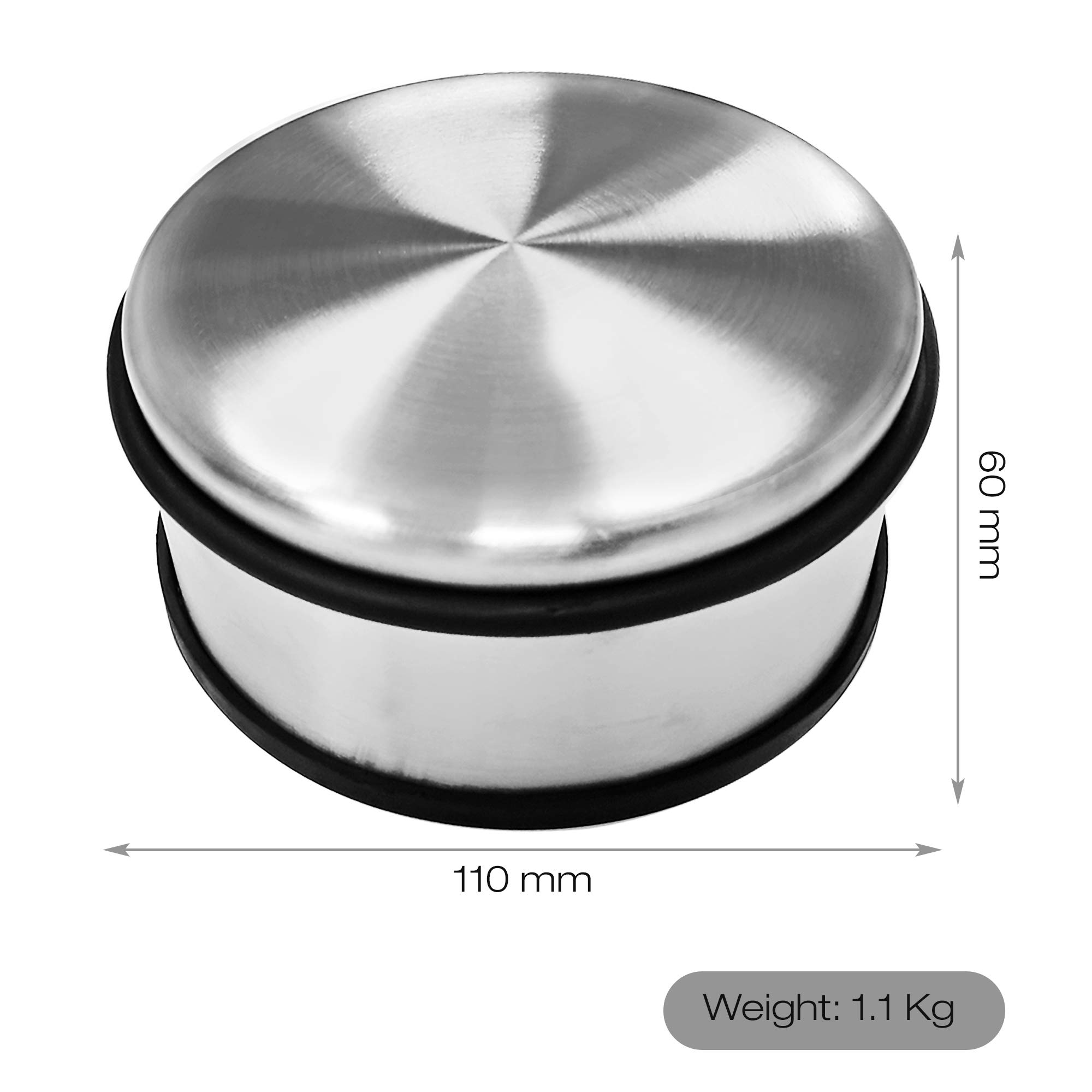PALMAT – Tope de Puerta metálico resistente de suelo 110 mm X 60 mm 1.1 Kg Acero resistente inoxidable con banda protectora de goma, No rasguña