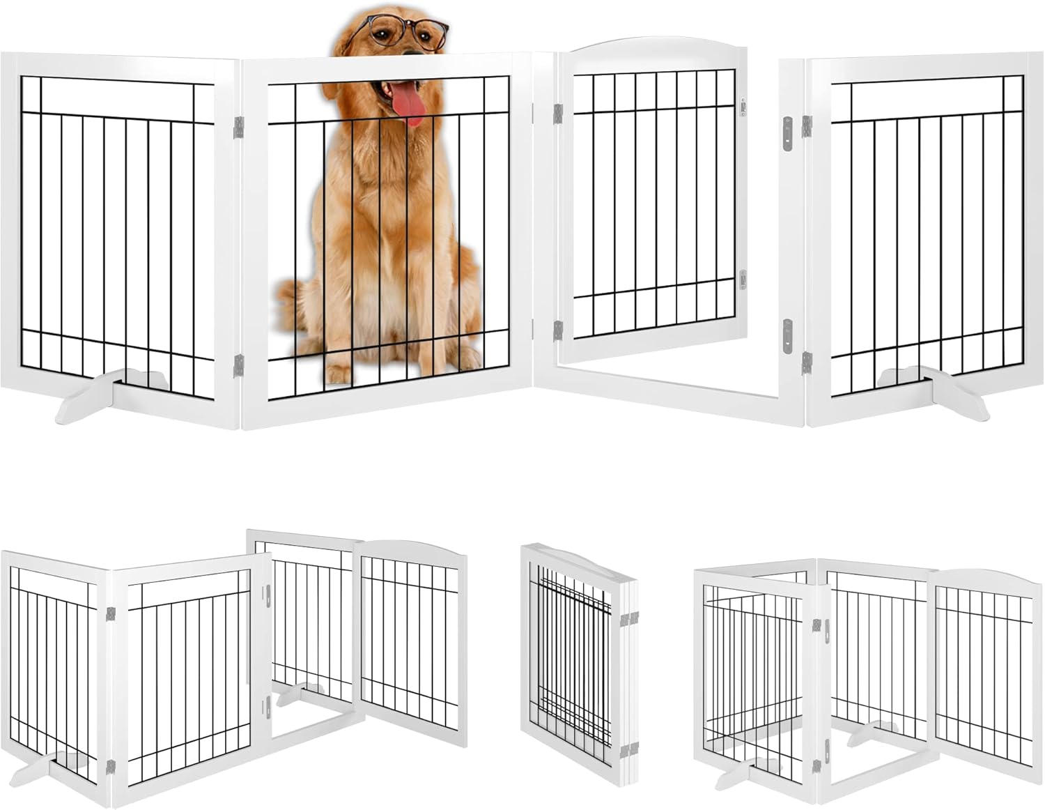 Vantas Folding Pet Gate 96" Wide, 30" Tall No-Assembly Wooden Dog Gate with Door Walk Through, Freestanding Wire Pet Gate, Pet Puppy Safety Fence, with 2PCS Support - White 4 Panels with Door White