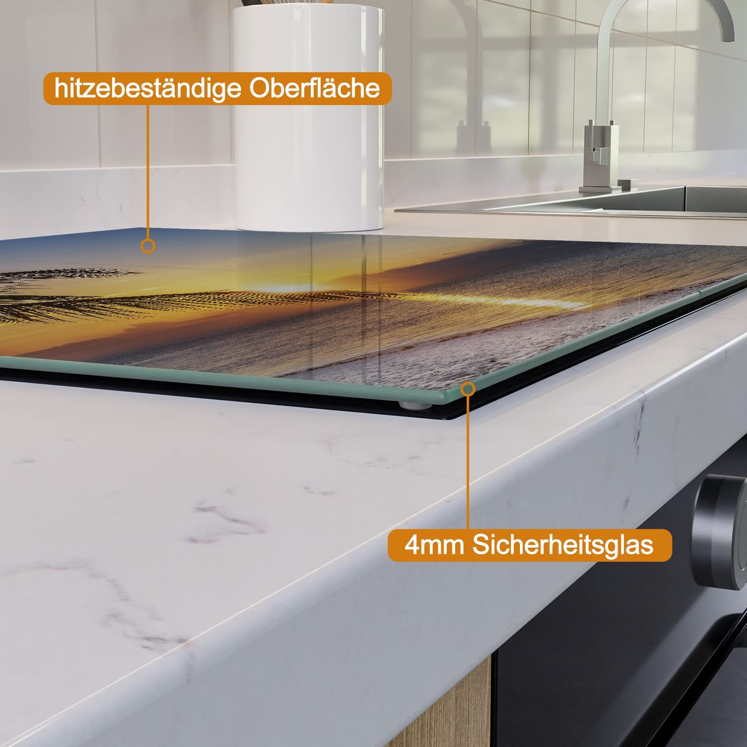 Wallario Herdabdeckplatte/Spritzschutz aus Glas, 2-teilig, 60x52cm, für Ceran- und Induktionsherde, Palme am Strand - Sonnenuntergang über dem Meer