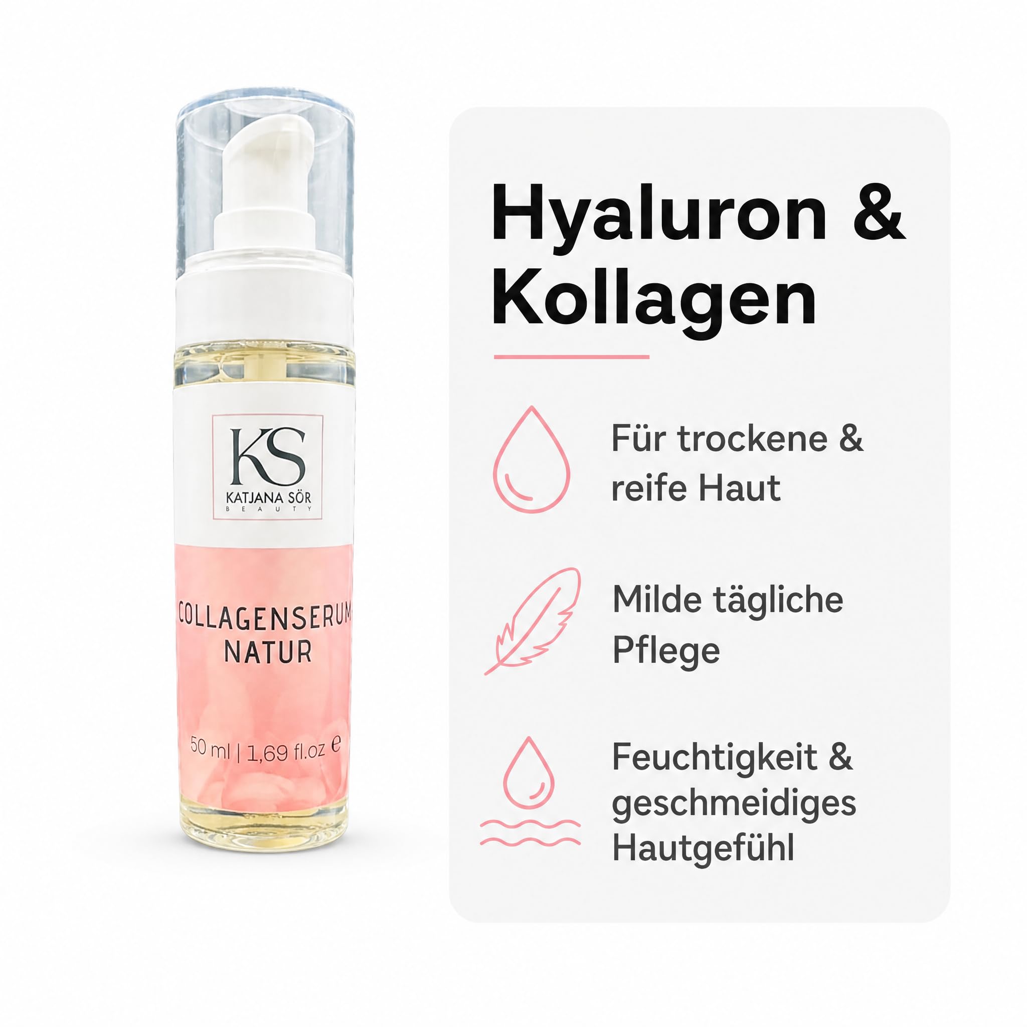 KS Beauty Collagenserum Natur – Hyaluron, Aloe Vera & Rosenöl 50 ml | Feuchtigkeitsserum mit tierischem Kollagen, Aloe Vera & Rosenöl – für trockene, reife und sensible Haut