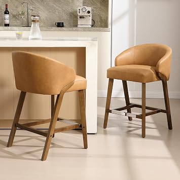 26" Barrel Counter Height Bar Stools Set of 2, Upholstered Counter Kitchen Chairs with Arm Wood Legs, Brown PU