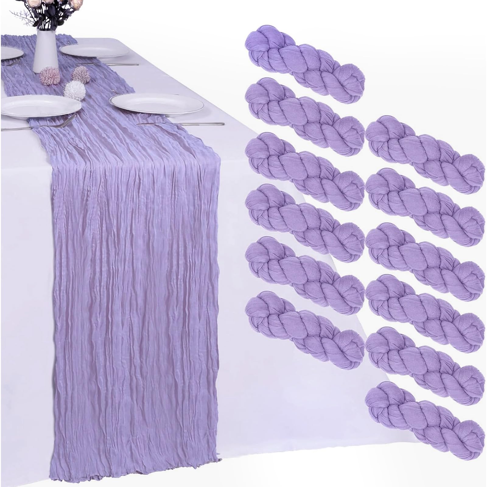 RestfulGlow 12 Pack Lavender Purple Cheesecloth Table Runner Valentine’s Day 10FT Boho Gauze Fabric Purple Table Runner 35 x 120 Inch Rustic Sheer for