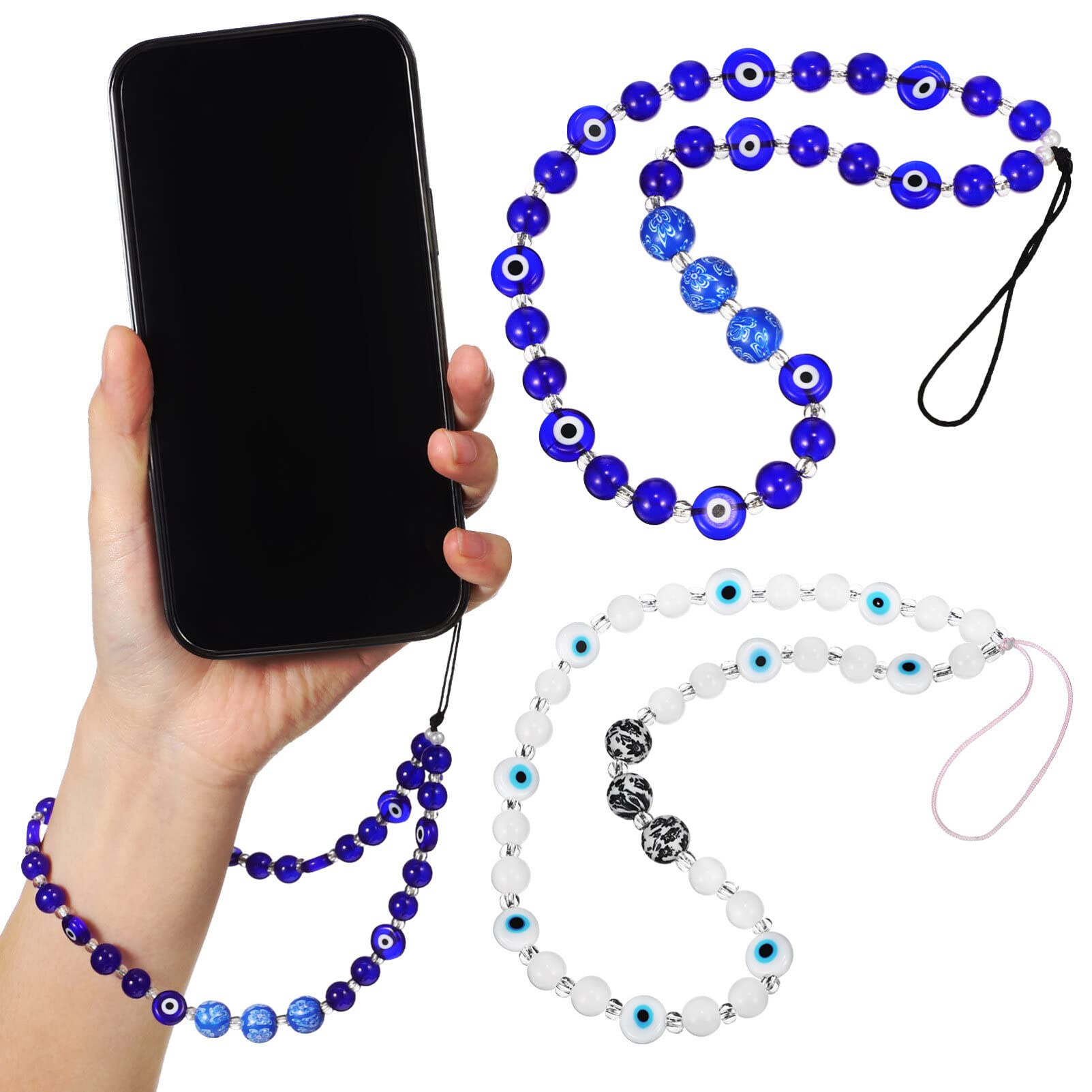 Cordon Téléphone Perles Mauvais œil - Fait Main - Longueur 18+5,5cm - Bleu Et Blanc