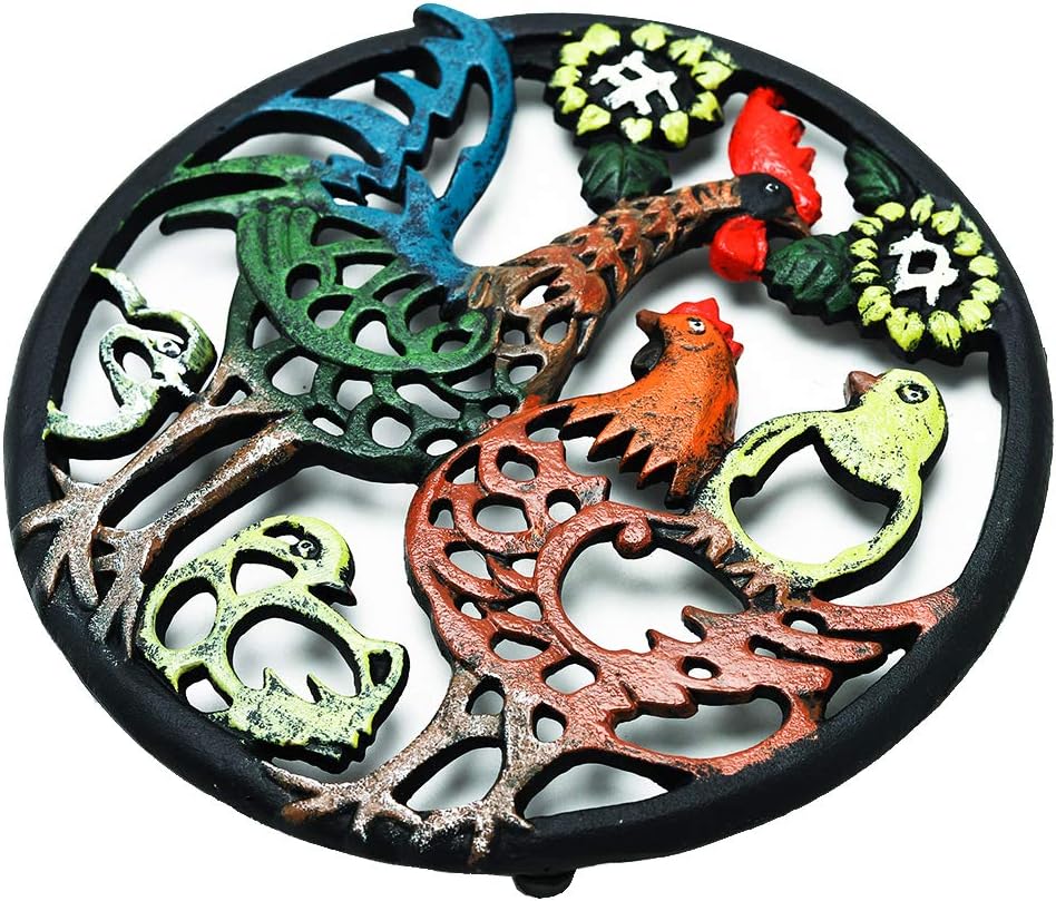 Sungmor Cast Iron Cock Trivet for Wood Stove, Dia-21cm Cock Family Image, Rustproof Round Stands for Hot Pots / Dishes / Pans - Image 3