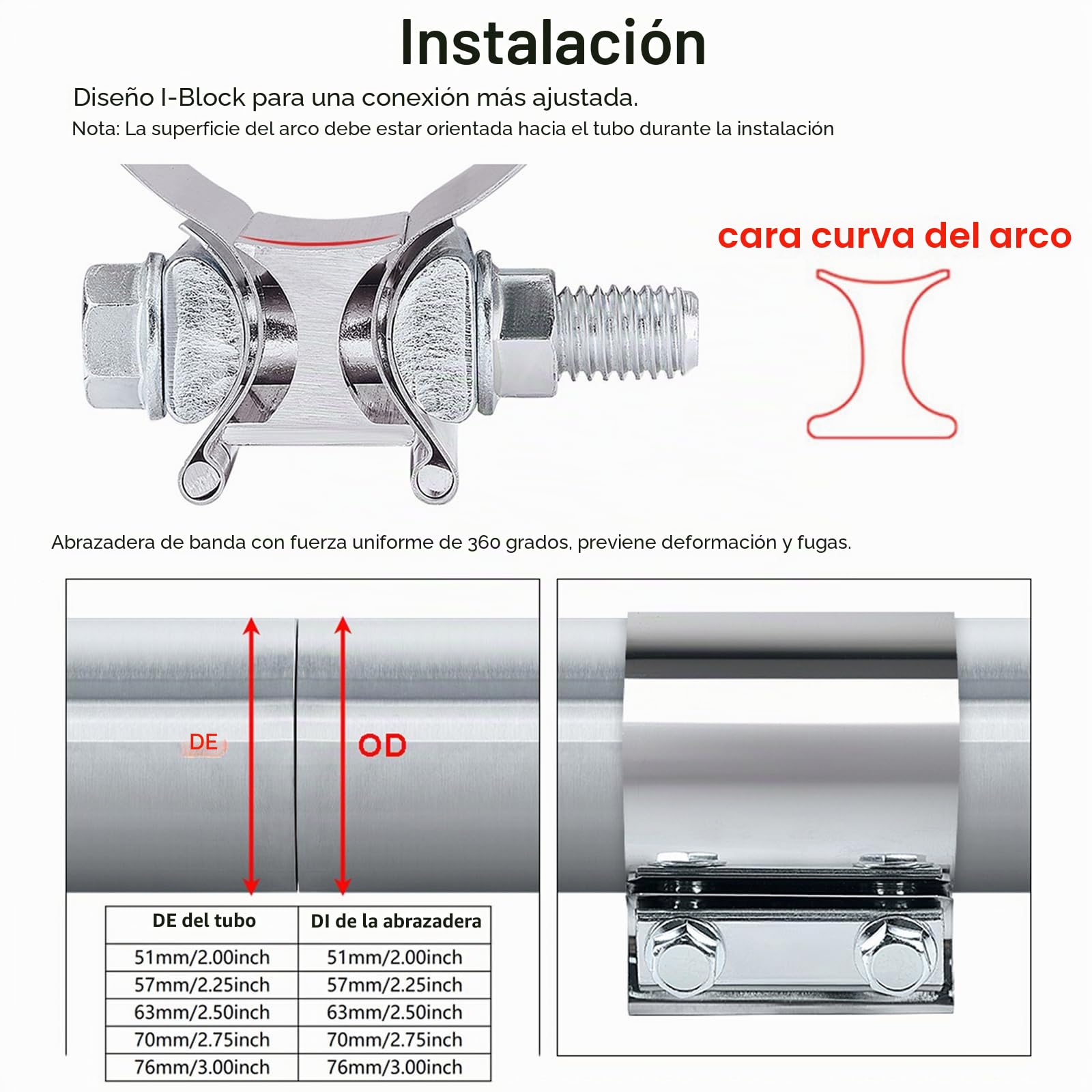 Abrazadera para Tubo de Escape - Abrazadera de Junta de Solape | de Acero Inoxidable 304 Universal para Sistemas de Escape Silenciadores Convertidores Catalíticos Reductores (63MM)