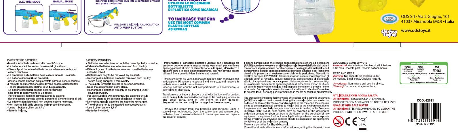 ODS - Splashmatic Atlantic 1000 PRO, Spara Acqua a Batteria con Ricarica USB, Pistola ad Acqua Lunghezza 50 cm, Capacità Serbatoio 1000 ml, Automatico e Manuale, Età Consigliata +6 Anni