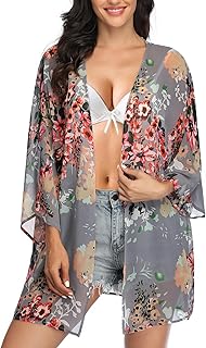KirGiabo Women's Floral Print Kimonos Loose Tops Half Sleeve Shawl Chiffon Cardigan Casual Beach Cover Ups