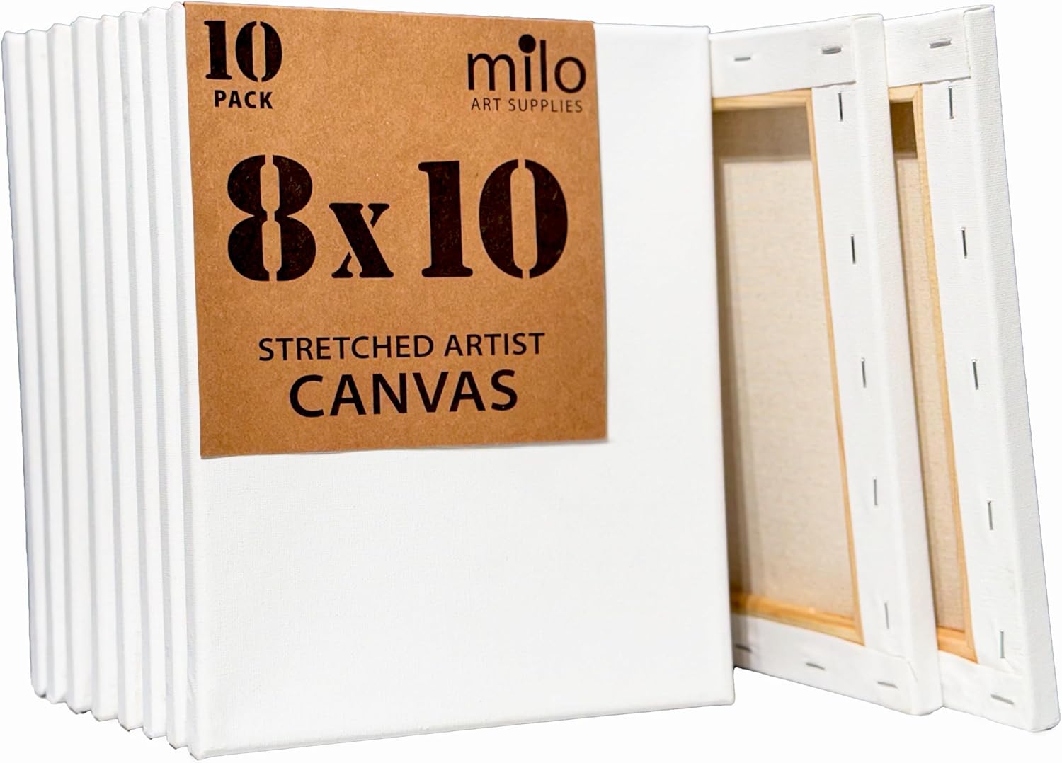 milo Stretched Artist Canvas | 8x10 inch | Value Pack of 10 Canvases for Painting, Primed & Ready to Paint Art Supplies for Acrylic, Oil, Mixed Wet Media, & Pouring, 100% Cotton with Wood Frame