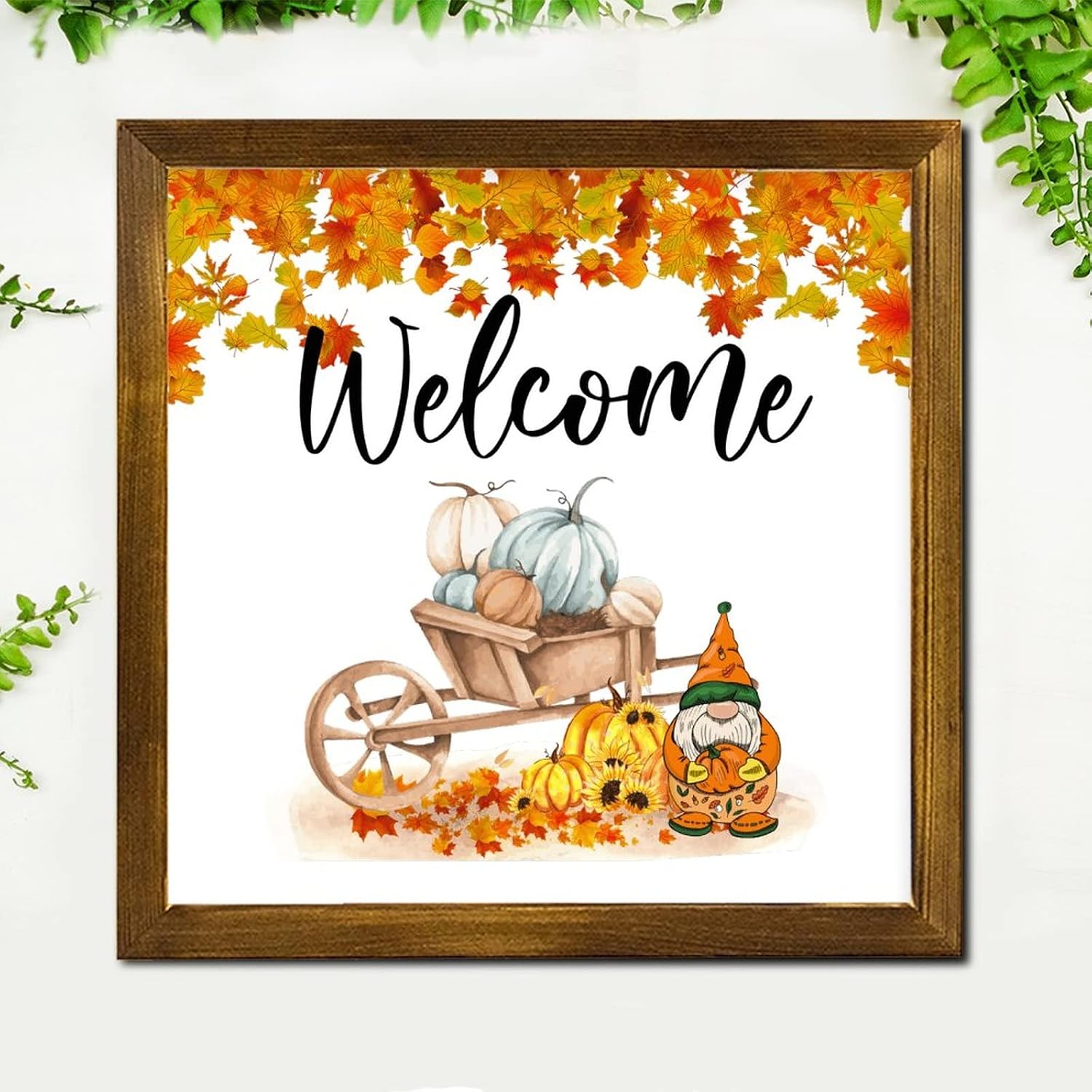 Thanksgiving Welcome Wood Framed Sign Gnome Pumpkin Maple Leaves Welcome Sign Vintage Farm Harvest Woodshop Garage Wall Decorative for Home Kitchen Bar Room Garage Bedroom 12x12 inch