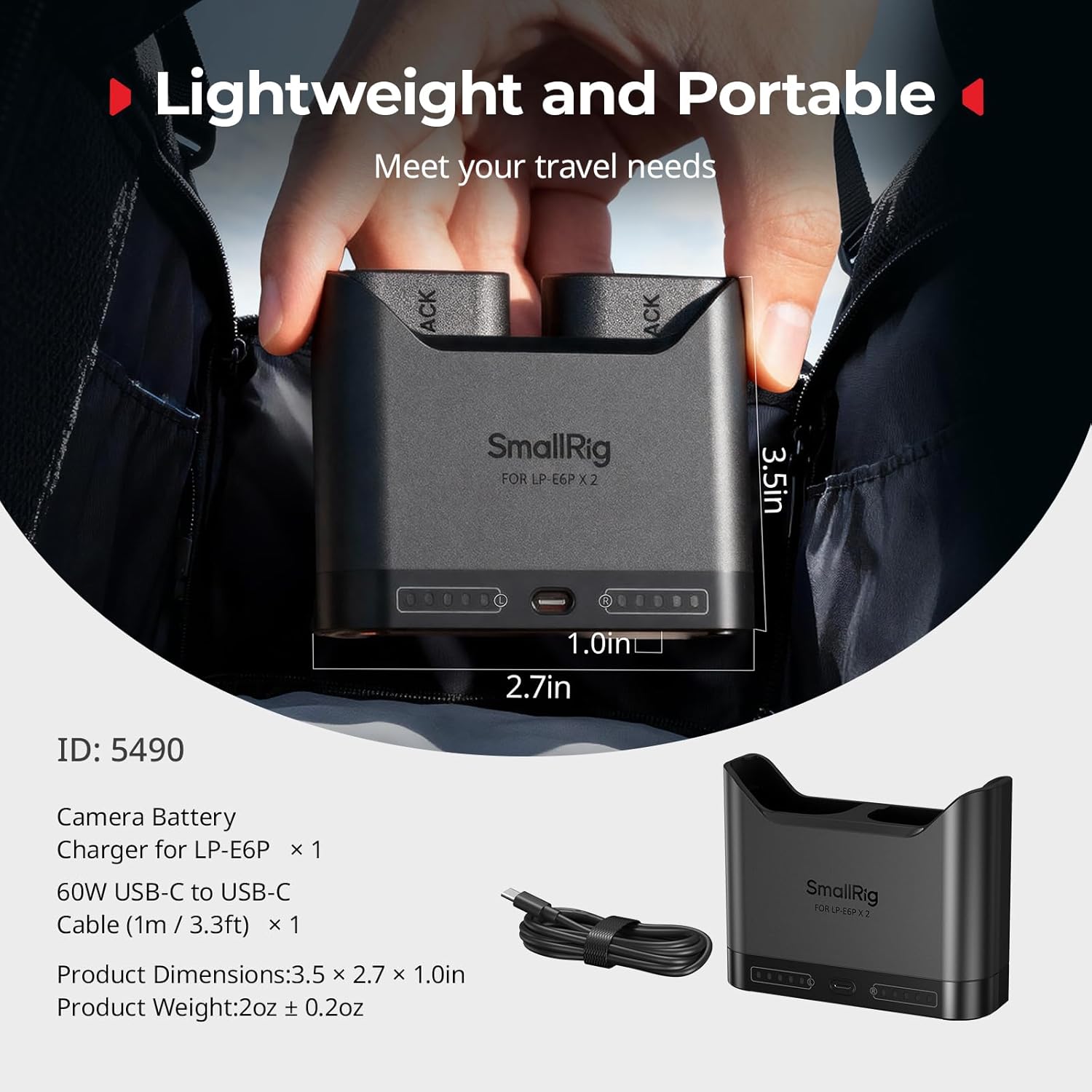 SMALLRIG charger held in hand, illustrating its compact and lightweight design, with dimensions 3.5 x 2.7 x 1.0 inches.