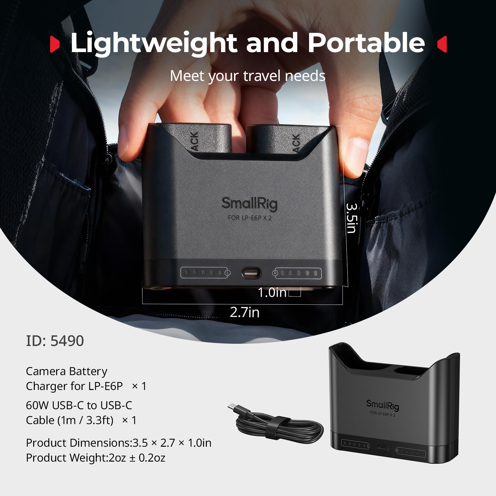 SMALLRIG LP-E6P LP-E6NH LP-E6N LP-E6 Chargeur de Batterie pour Canon, Chargeur Double avec Port USB-C 22,5 W, Autonomie de 2 h, pour Canon EOS R5 Mark II, R6 Mark II, R5, R6, R7, 5D Mark II - 5490