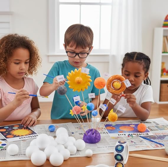 Solar System Model Kit for Crafts, Solar System Project Kit Include Foam Balls, Mixing Tray, Brushes, Sticks, Flags, Stickers (58 Pack Set)