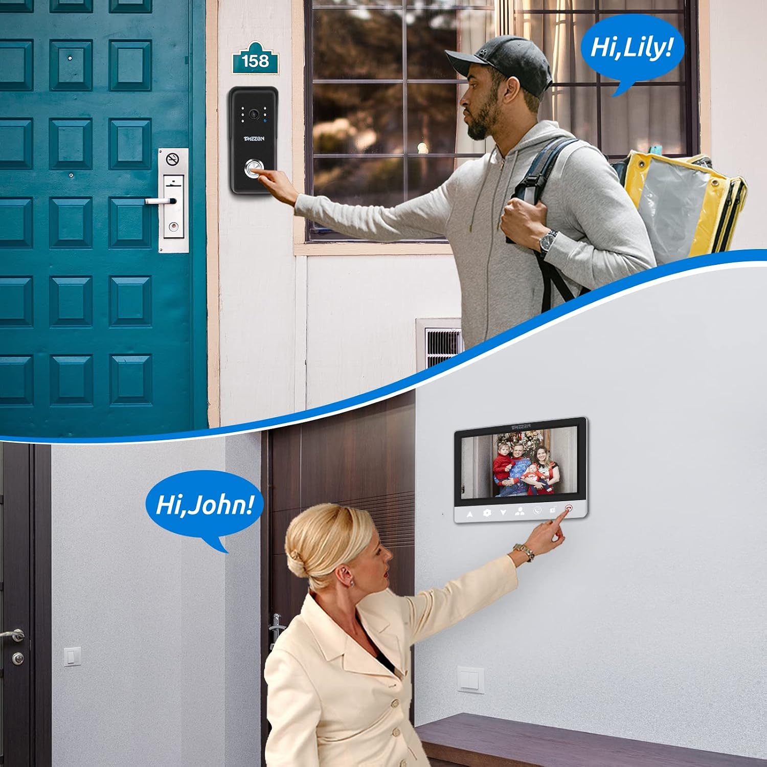 Person ringing doorbell and person answering on monitor