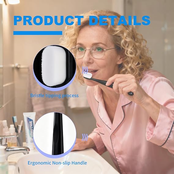 6Pcs Soft Bristle Toothbrush Micro-Nano Toothbrushes | Extra Soft Toothbrush with 20000 Bristles for for Fragile Gums Elderly Adult Kids Braces Black (White Bristles)
